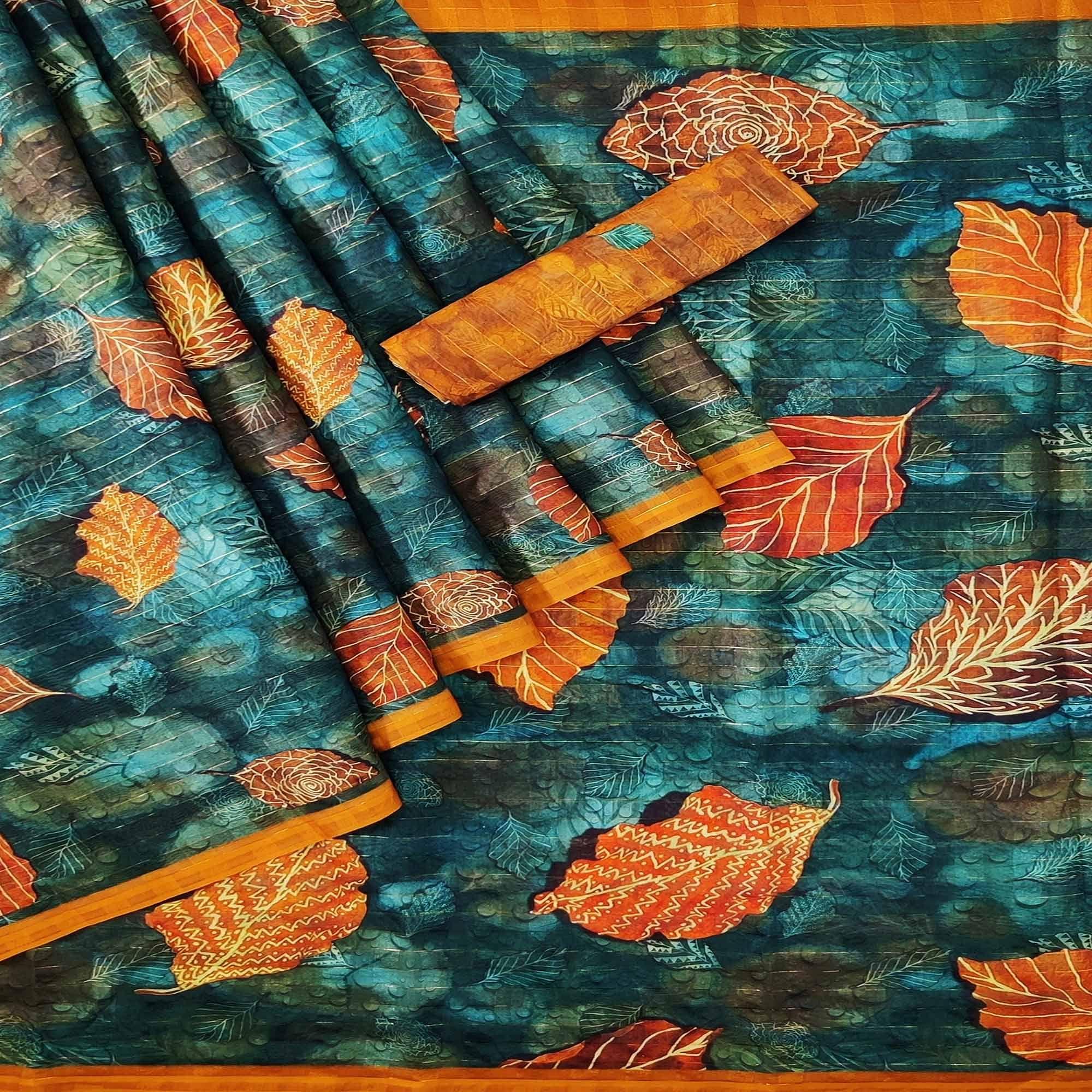 Rama Blue Casual Wear Digital Printed Cotton Silk Saree - Peachmode