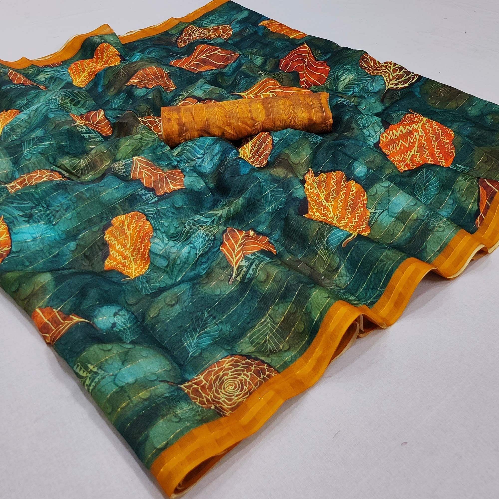 Rama Blue Casual Wear Digital Printed Cotton Silk Saree - Peachmode