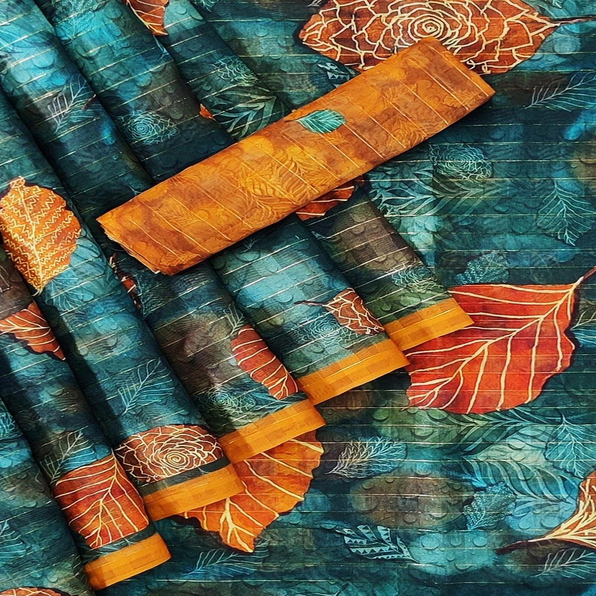 Rama Blue Casual Wear Digital Printed Cotton Silk Saree - Peachmode