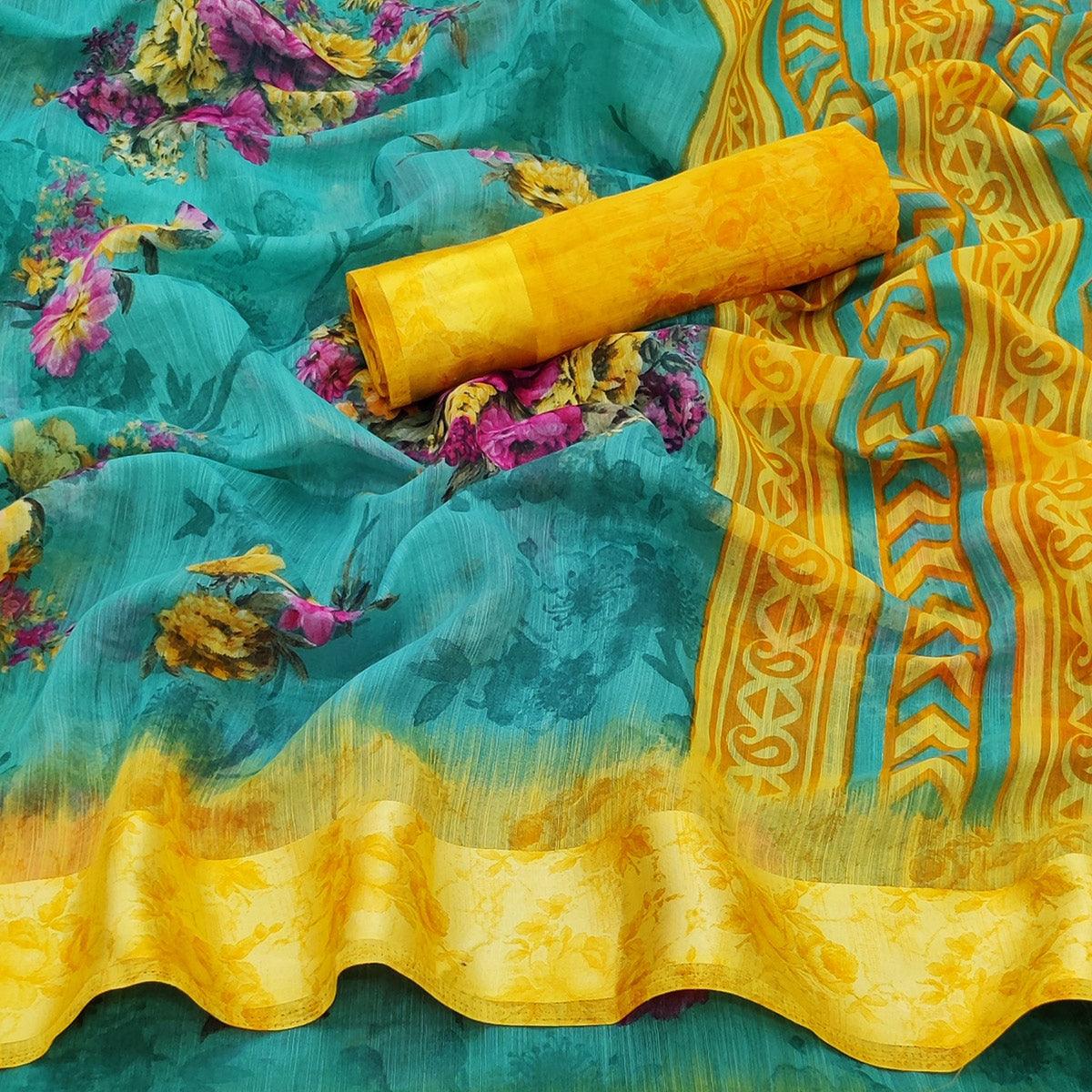 Rama Blue Casual Wear Floral Digital Printed linen Saree - Peachmode