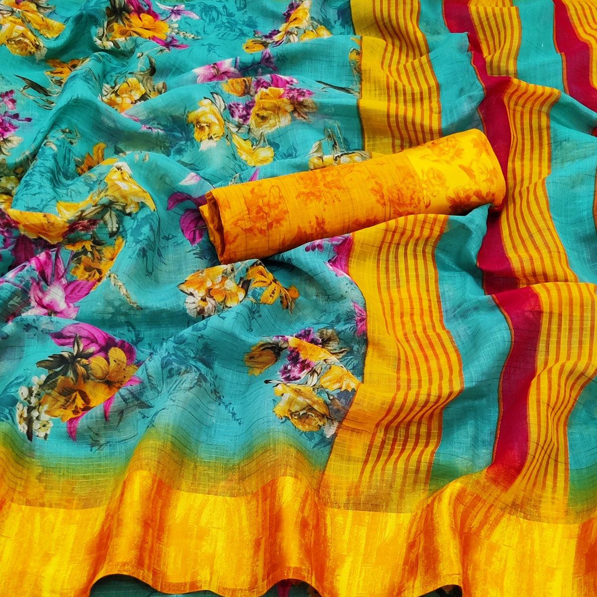 Rama Blue Casual Wear Floral Digital Printed linen Saree - Peachmode