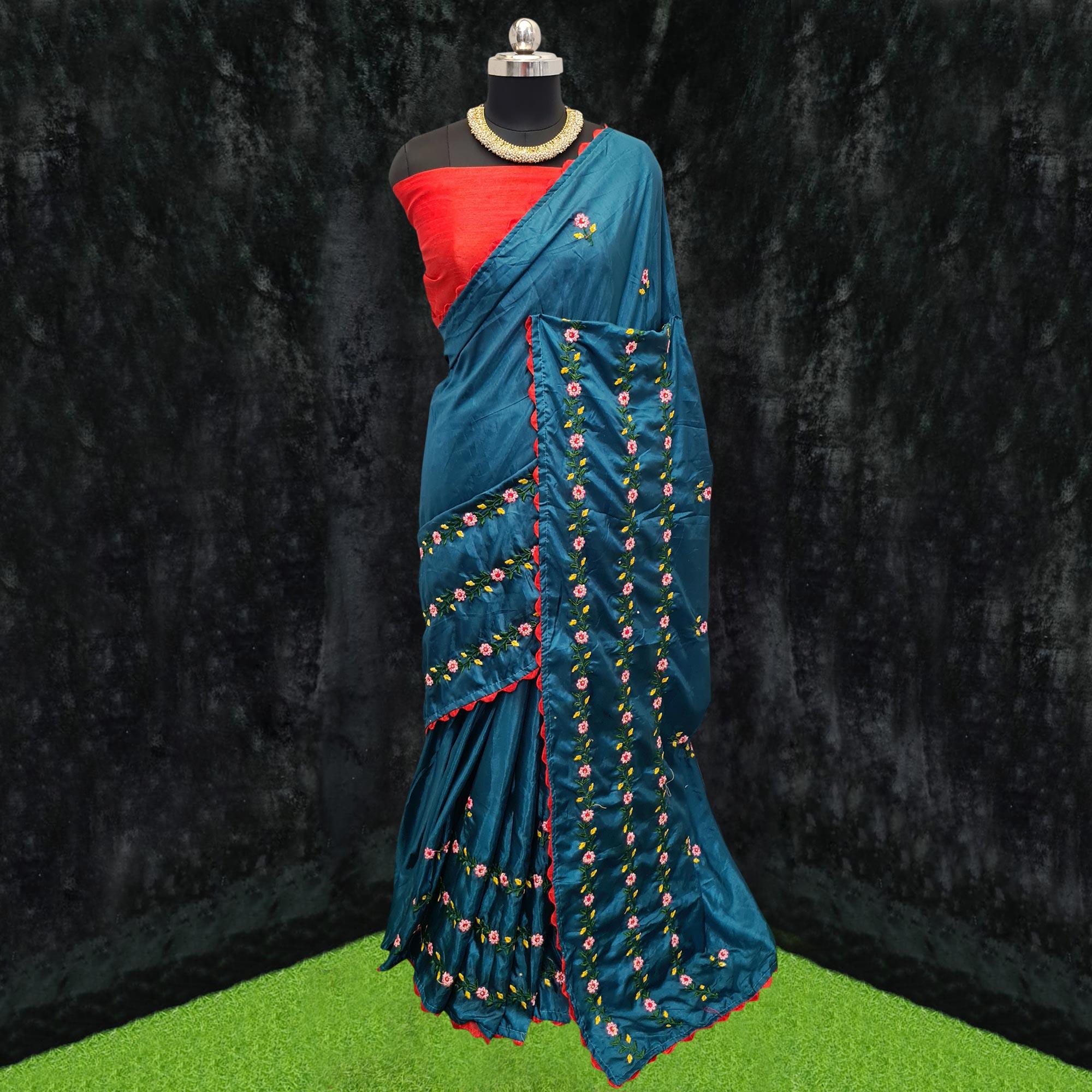 Rama Blue Casual Wear Floral Embroidered Dola Silk Saree - Peachmode