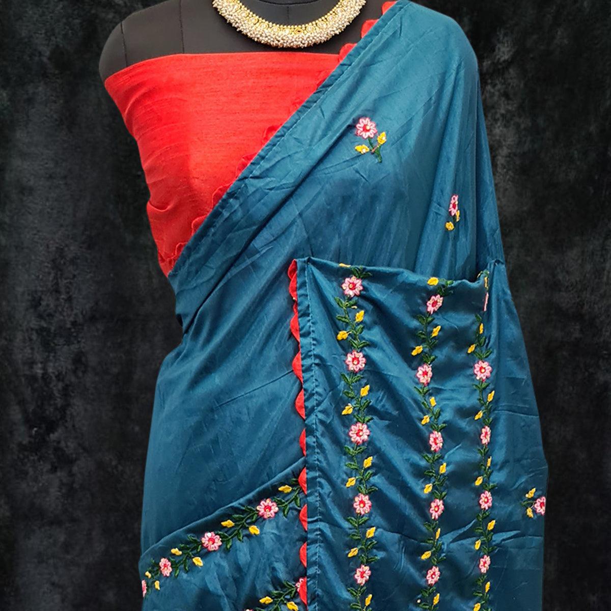 Rama Blue Casual Wear Floral Embroidered Dola Silk Saree - Peachmode