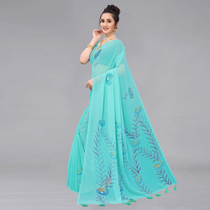 Rama Blue Casual Wear Floral Hand Printed Georgette Saree - Peachmode