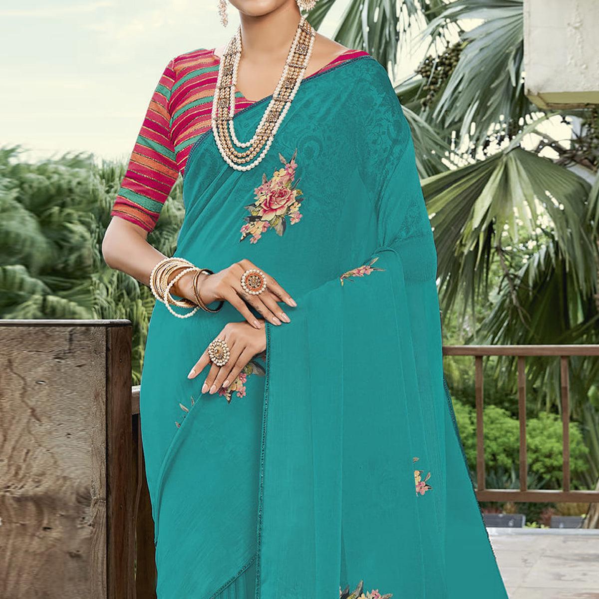 Rama Blue Casual Wear Floral Printed Chiffon Saree - Peachmode