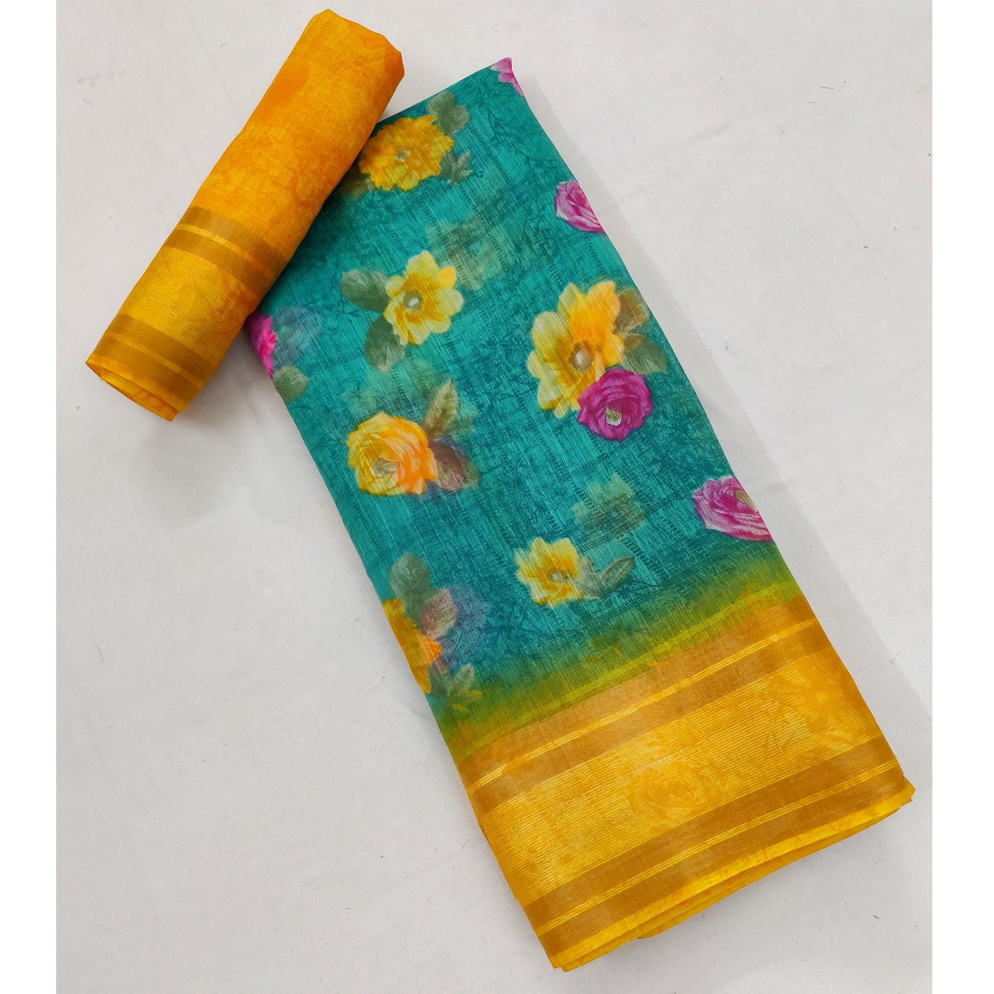 Rama Blue Casual Wear Floral Printed Cotton Saree With Woven Border - Peachmode