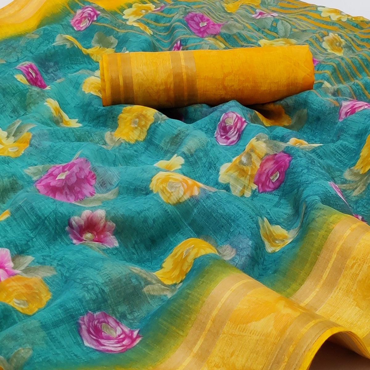 Rama Blue Casual Wear Floral Printed Cotton Saree With Woven Border - Peachmode