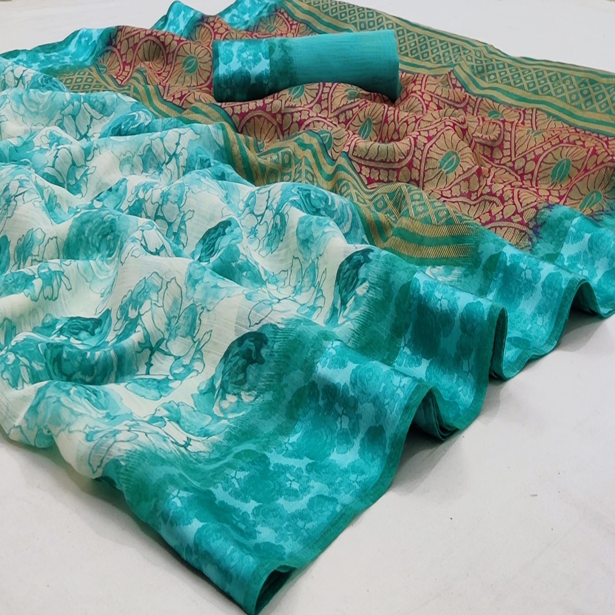 Rama Blue Casual Wear Floral Printed Linen-Satin Saree - Peachmode