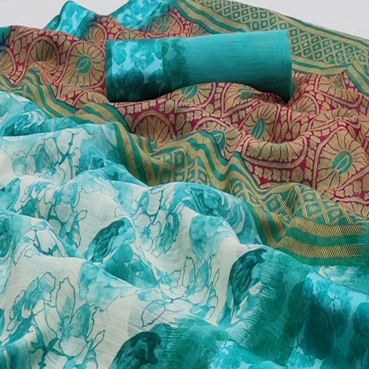 Rama Blue Casual Wear Floral Printed Linen-Satin Saree - Peachmode