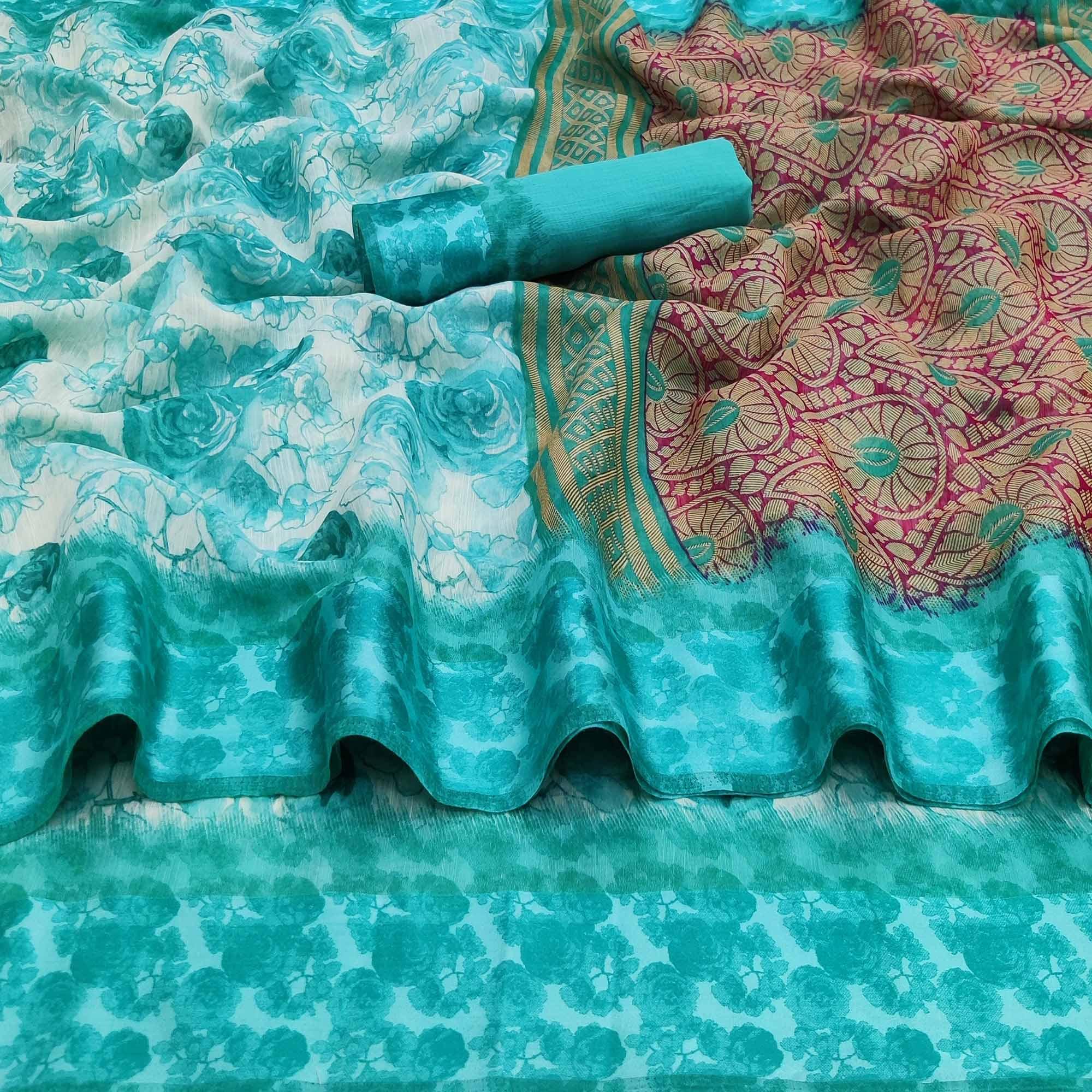 Rama Blue Casual Wear Floral Printed Linen-Satin Saree - Peachmode