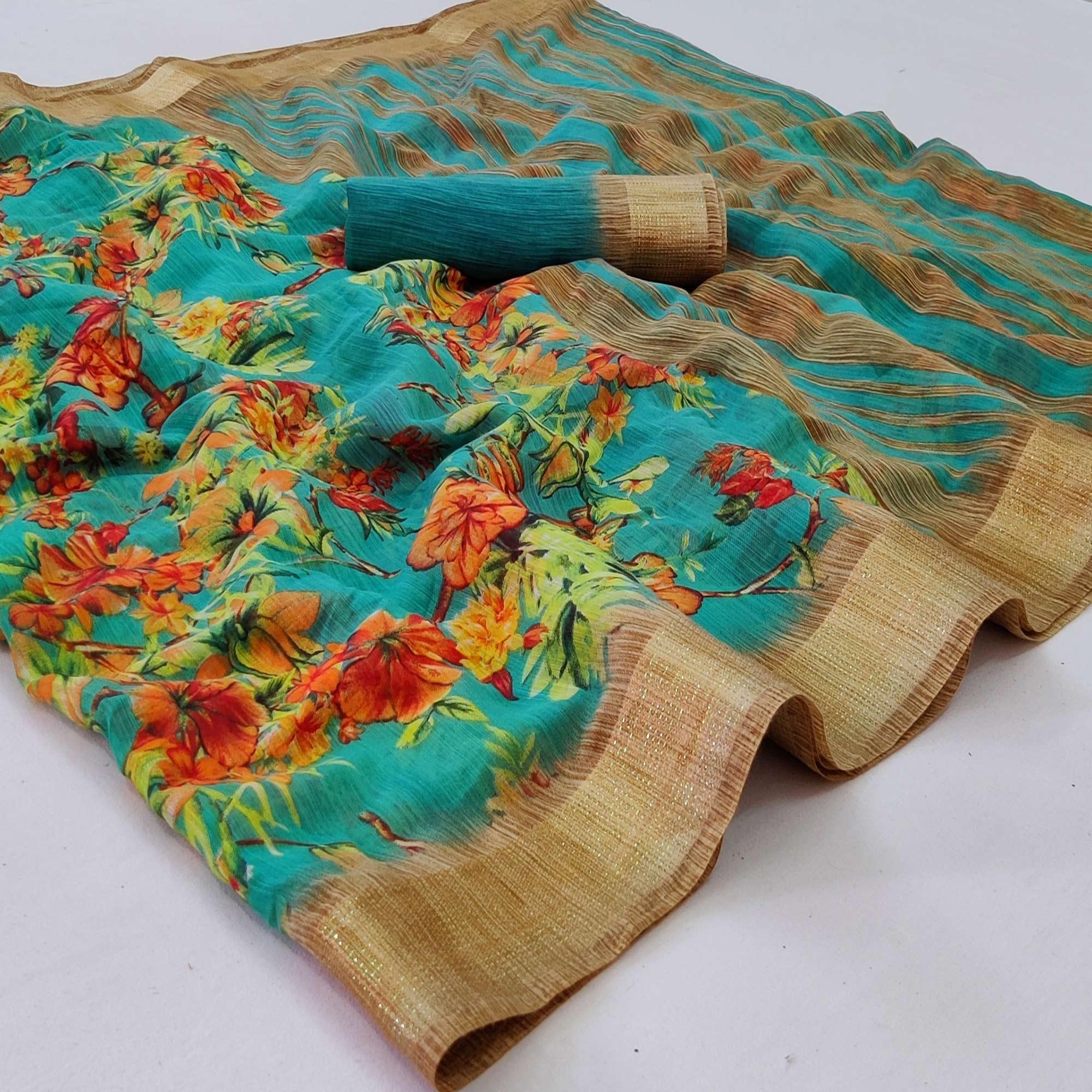 Rama Blue Casual Wear Floral Printed With Jari Border Cotton Saree - Peachmode