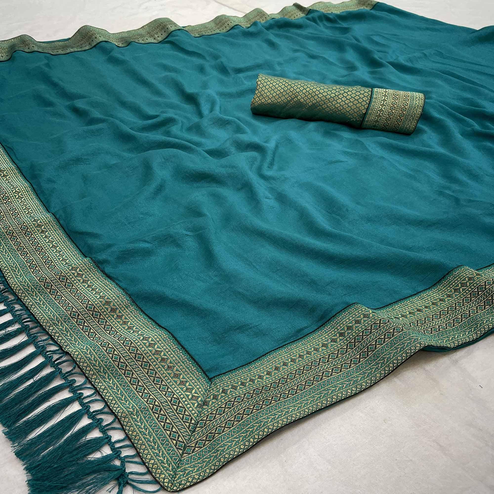 Rama Blue Casual Wear Jacquard Lace Border Silk Saree With Tassels - Peachmode