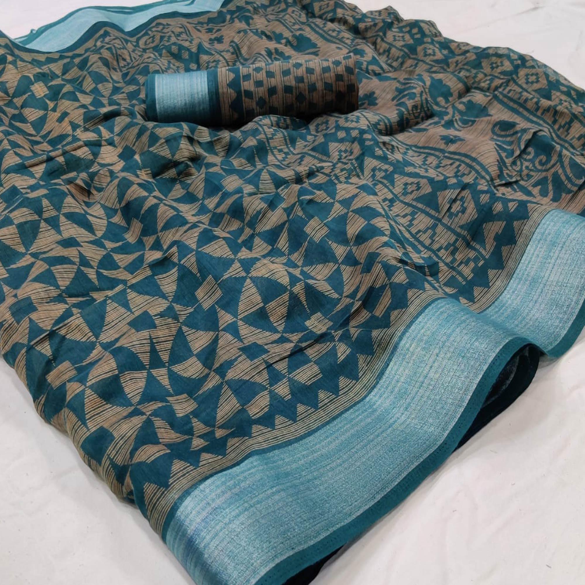 Rama Blue Casual Wear Mill Printed Linen Cotton Saree With Silver Zari Border - Peachmode