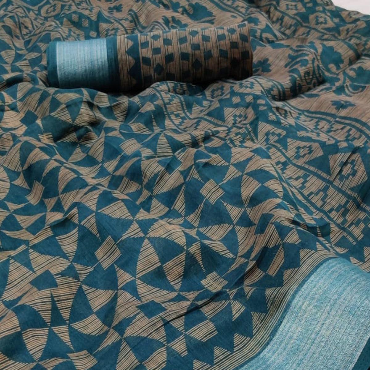 Rama Blue Casual Wear Mill Printed Linen Cotton Saree With Silver Zari Border - Peachmode