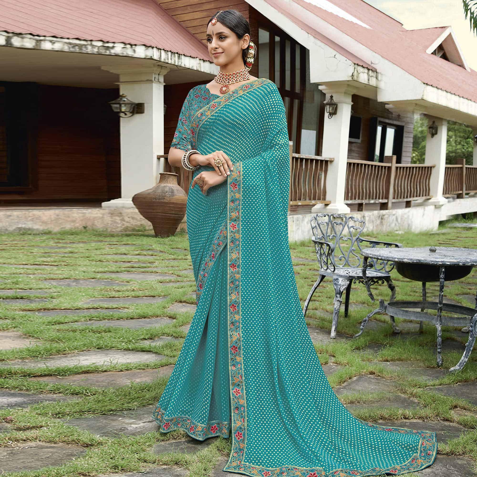 Rama Blue Casual Wear Printed Chiffon Saree - Peachmode