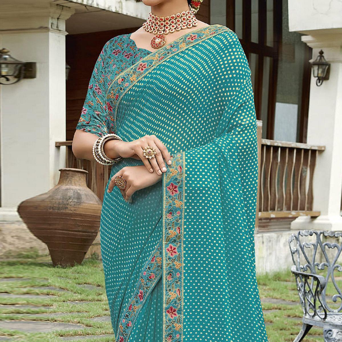 Rama Blue Casual Wear Printed Chiffon Saree - Peachmode