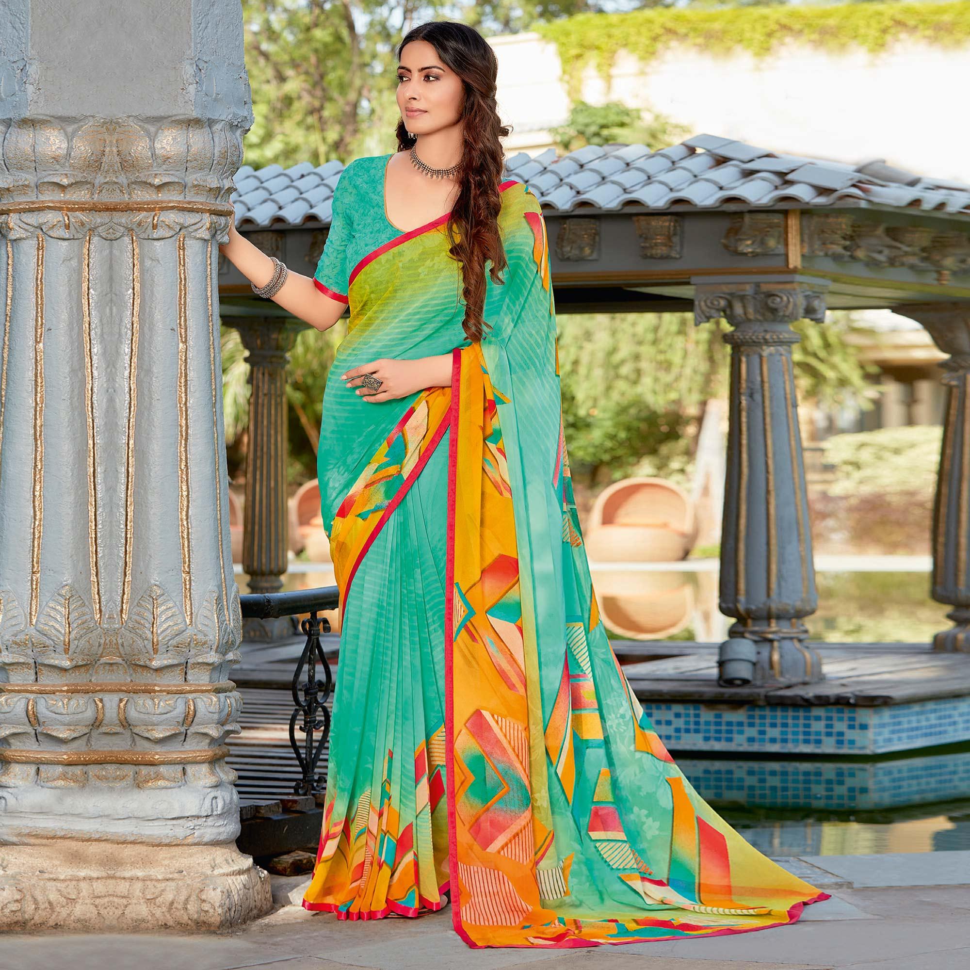 Rama Blue Casual Wear Printed Georgette Saree - Peachmode