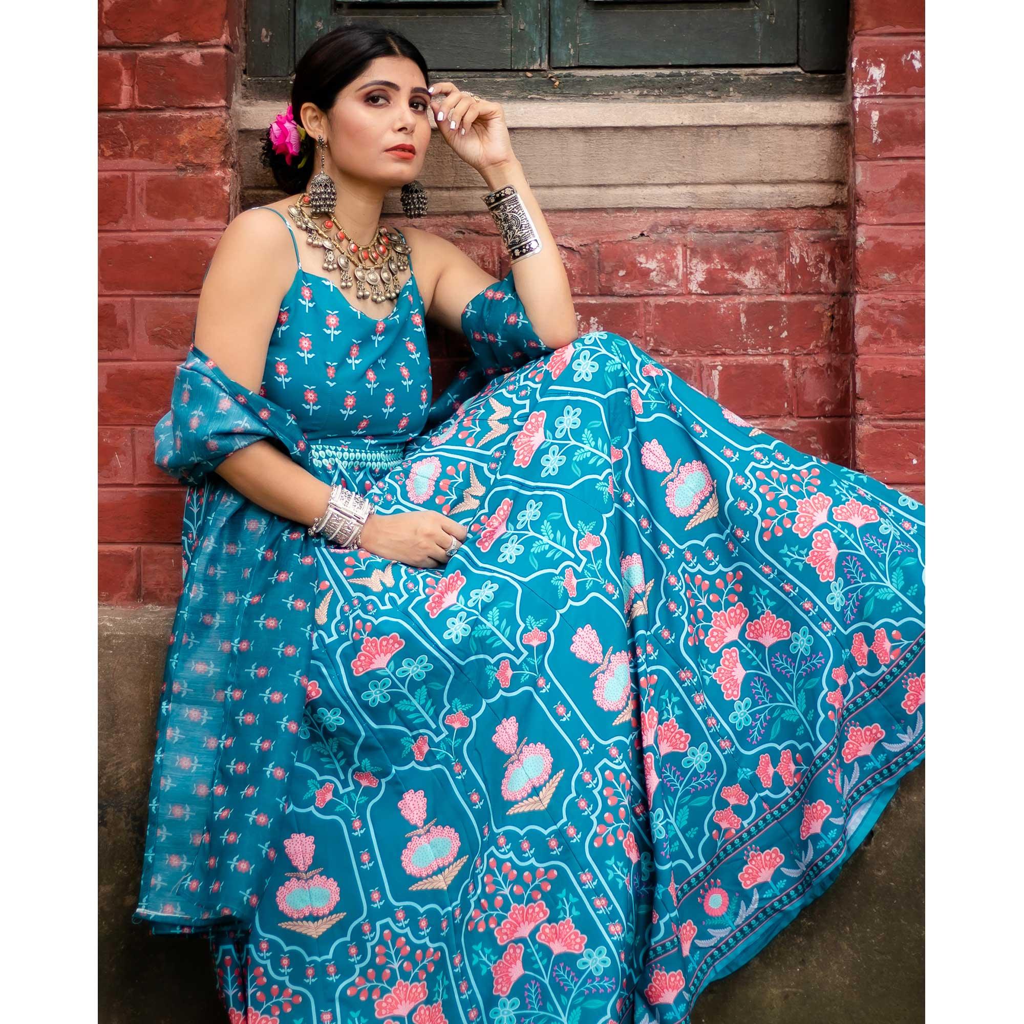 Rama Blue Digital Printed Cotton Silk Partywear Gown - Peachmode