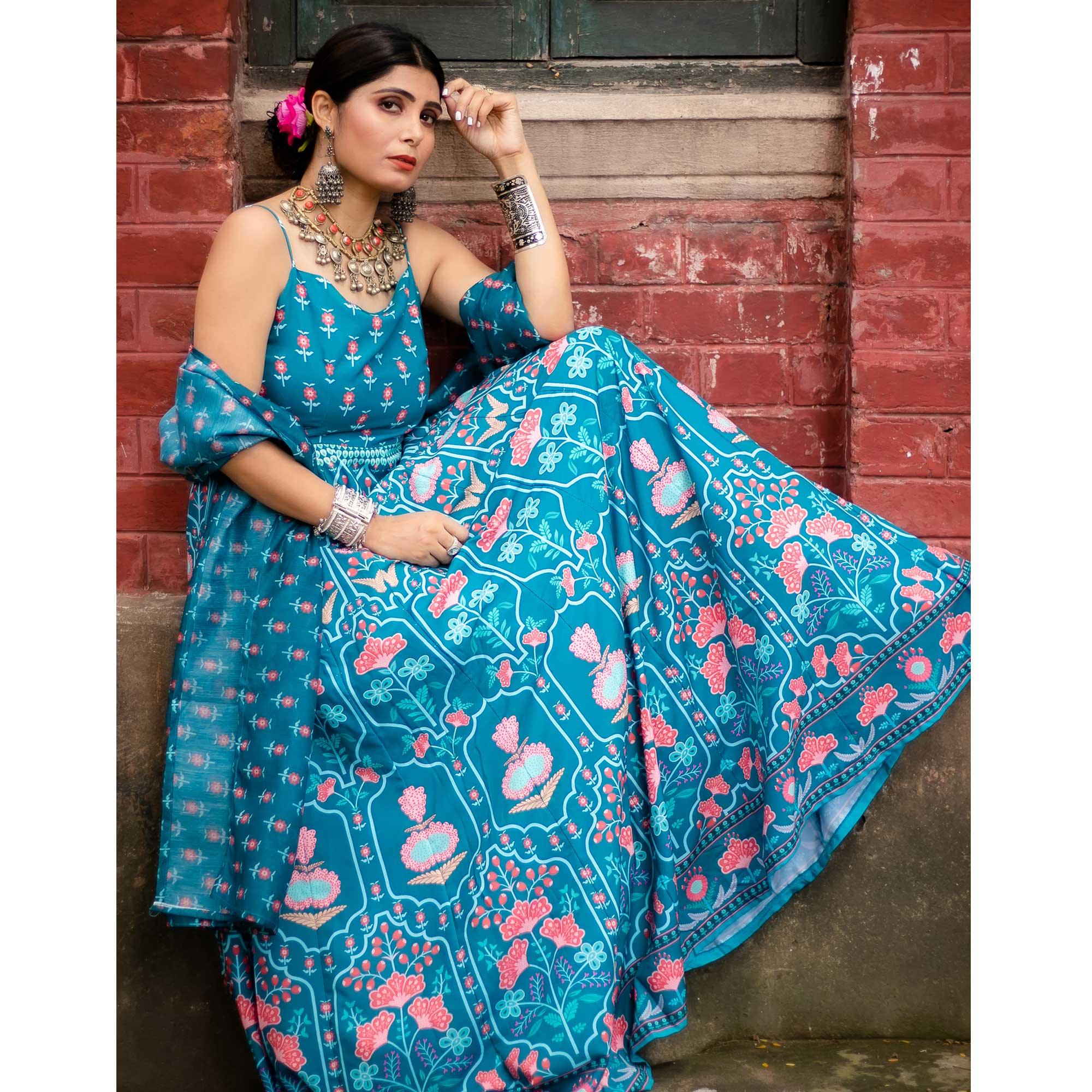 Rama Blue Digital Printed Cotton Silk Partywear Gown - Peachmode