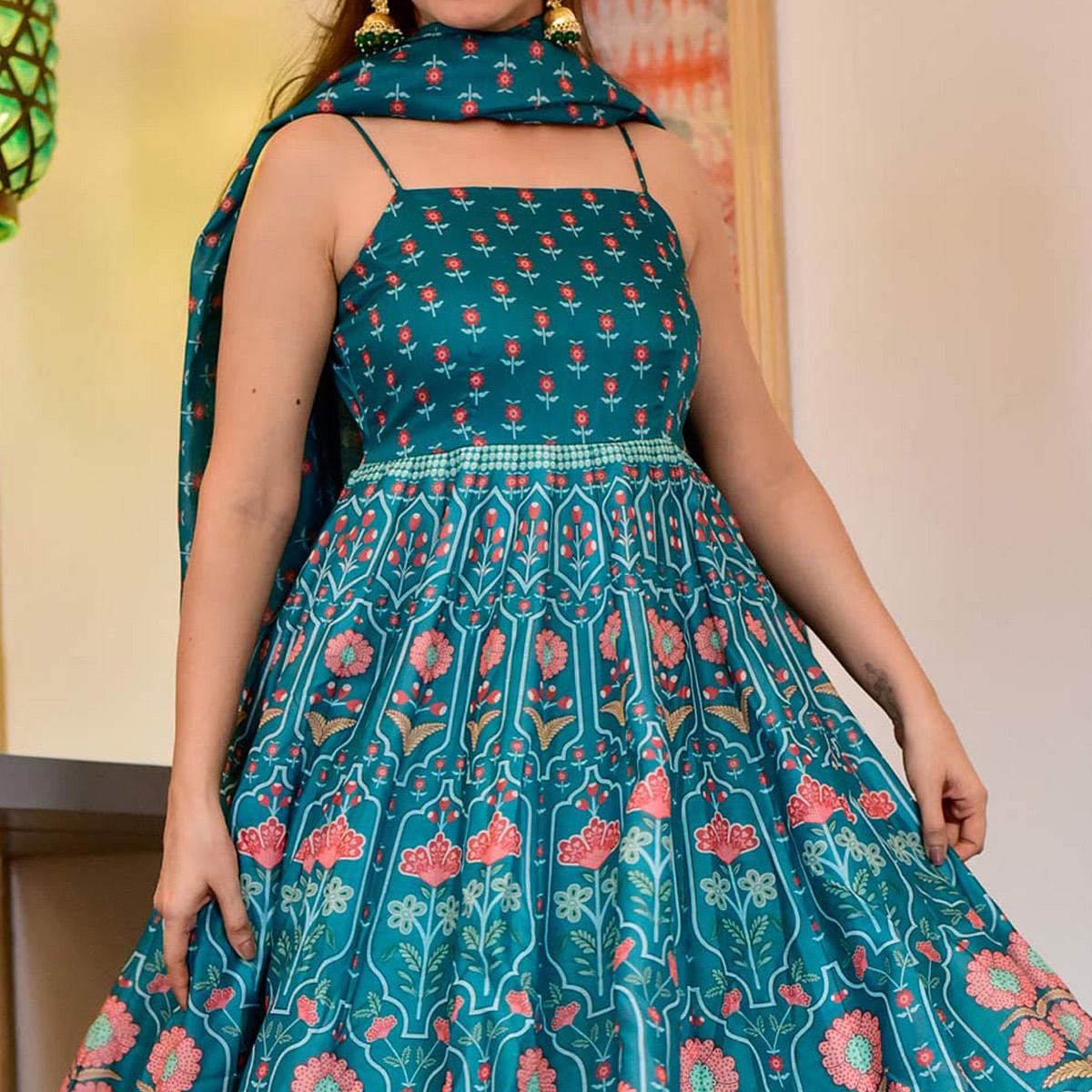 Rama Blue Digital Printed Cotton Silk Partywear Gown - Peachmode