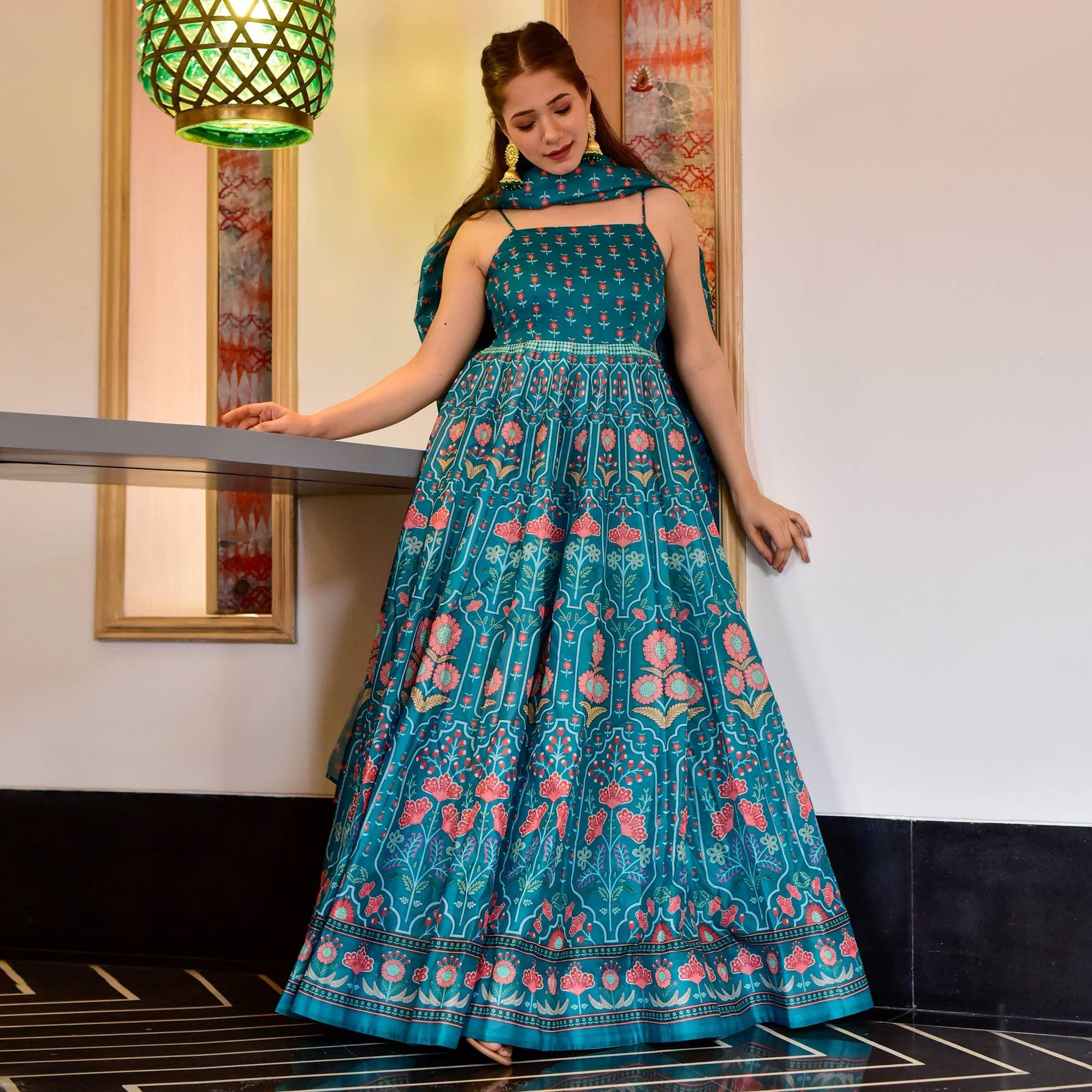 Rama Blue Digital Printed Cotton Silk Partywear Gown - Peachmode