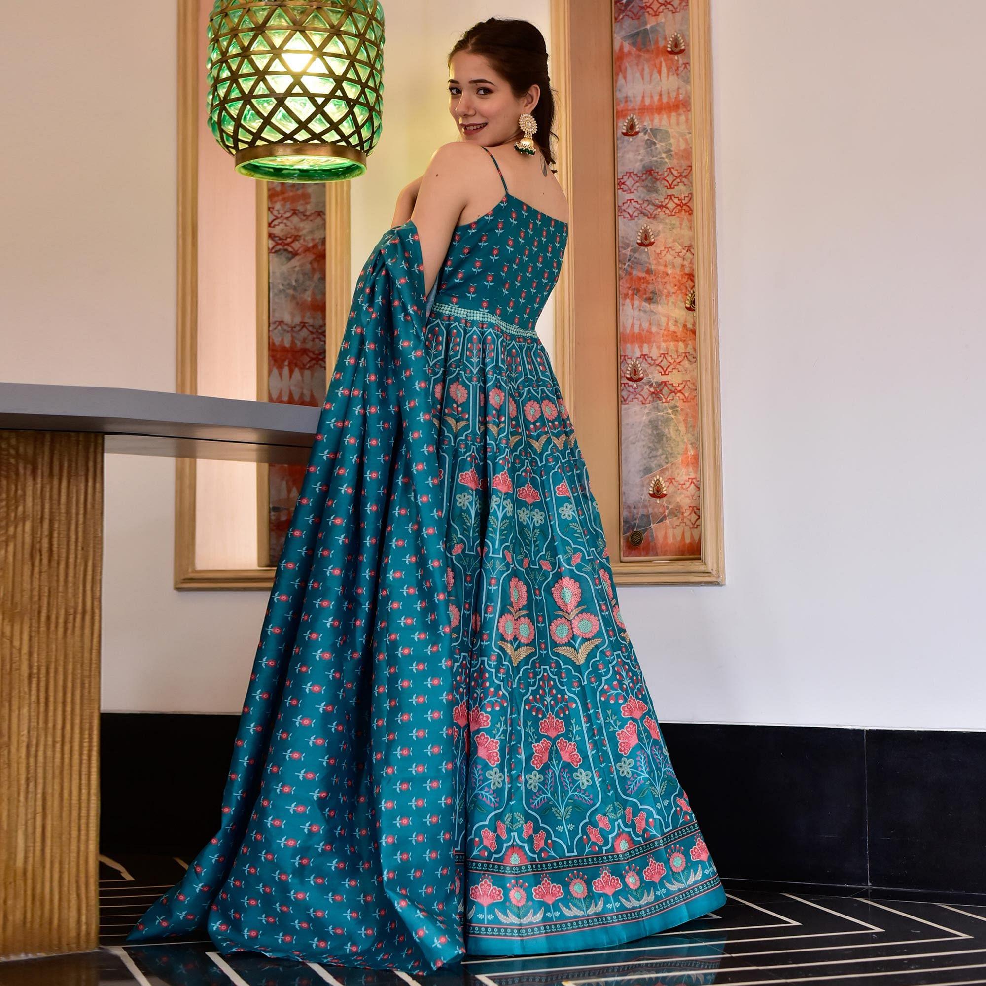 Rama Blue Digital Printed Cotton Silk Partywear Gown - Peachmode