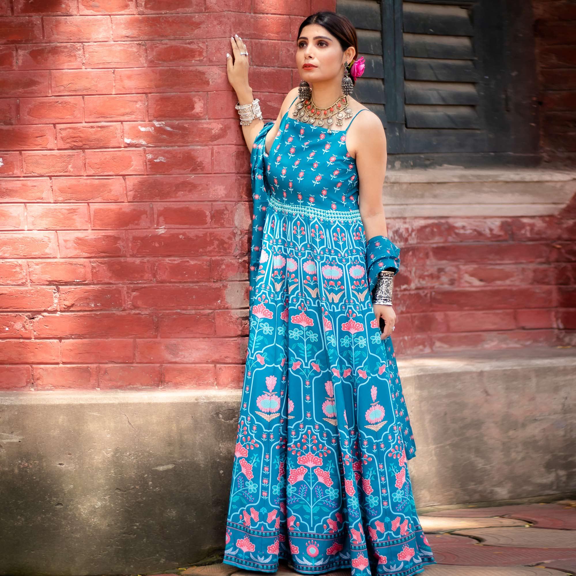 Rama Blue Digital Printed Cotton Silk Partywear Gown - Peachmode