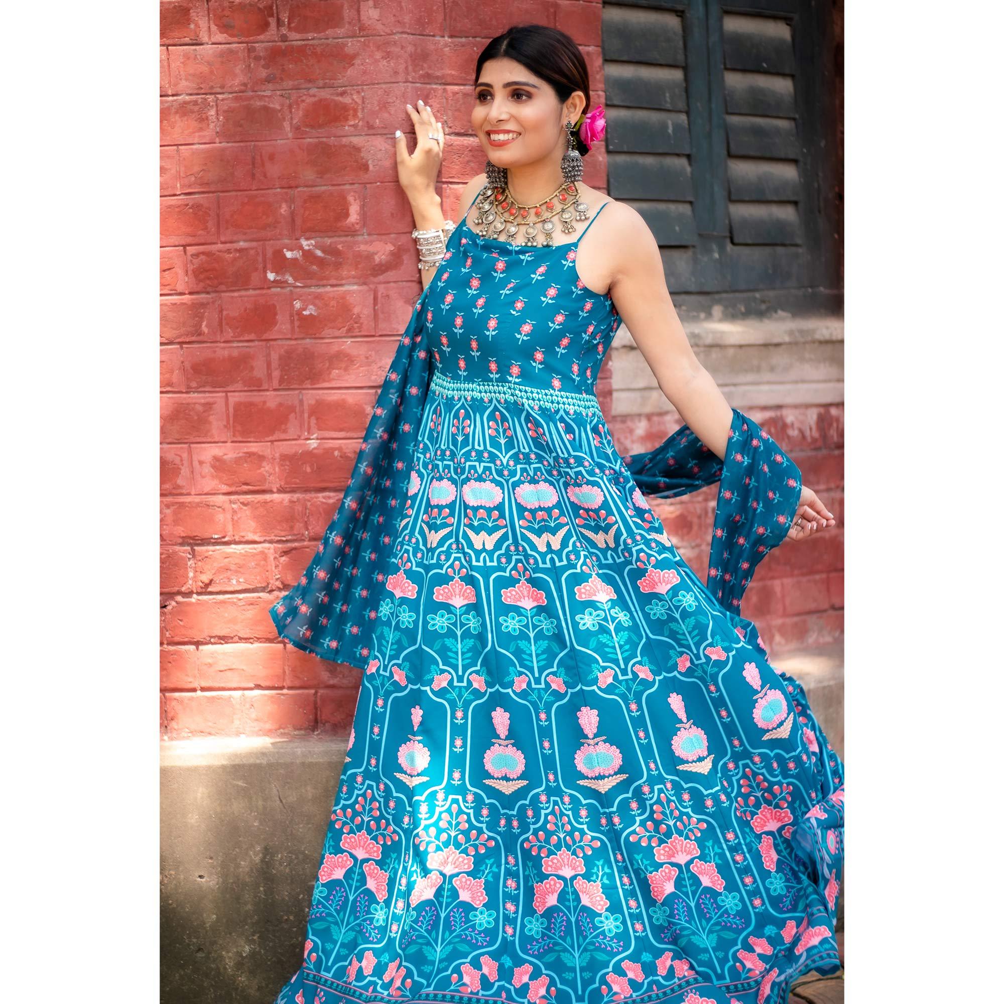 Rama Blue Digital Printed Cotton Silk Partywear Gown - Peachmode