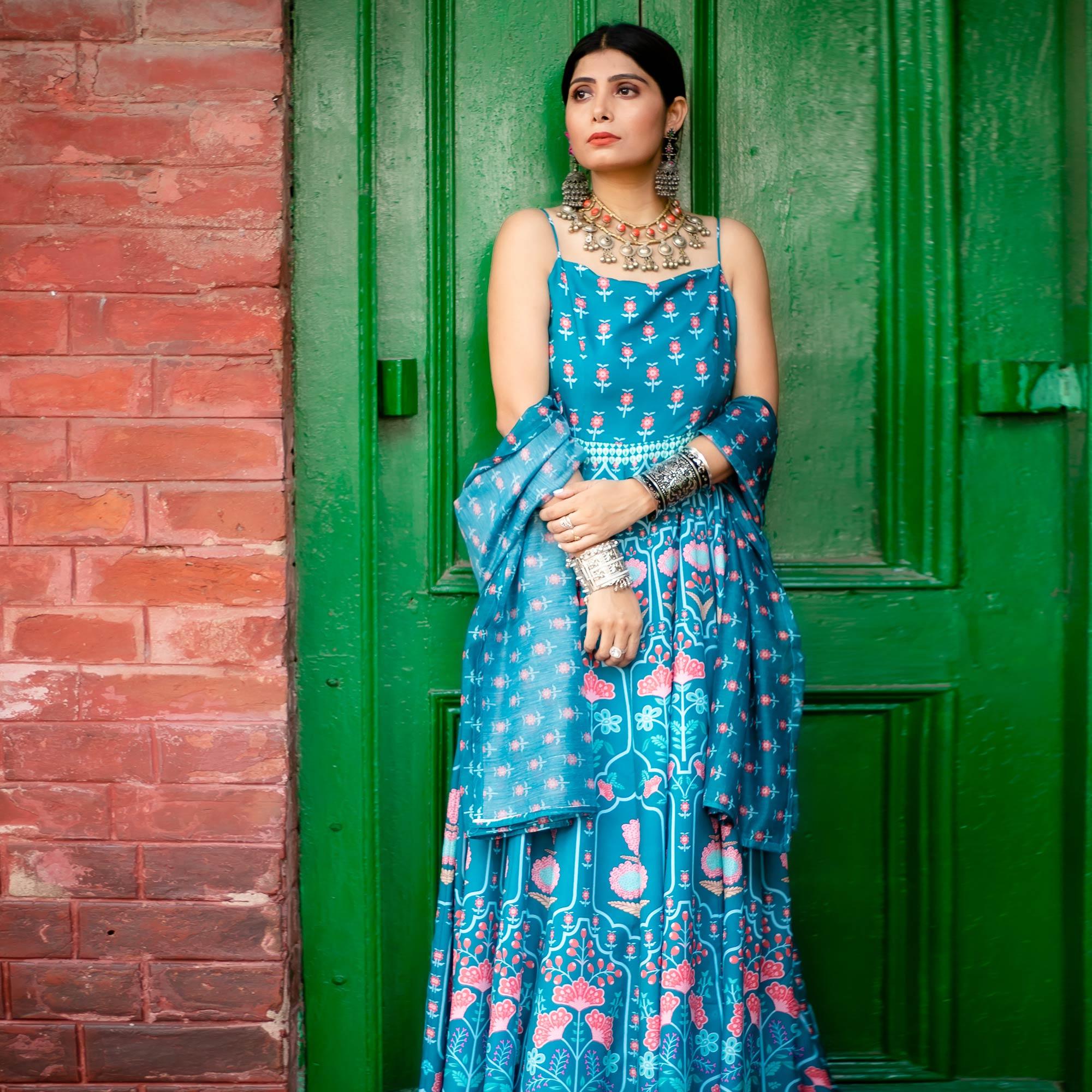 Rama Blue Digital Printed Cotton Silk Partywear Gown - Peachmode