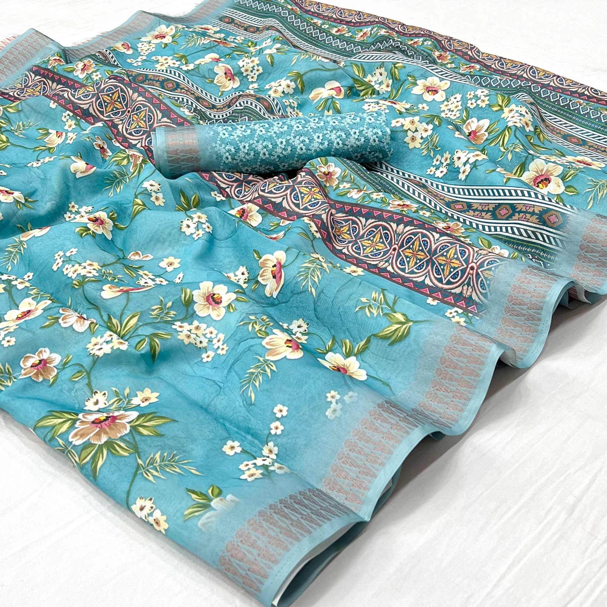 Rama Blue Digital Printed Cotton Silk Saree - Peachmode