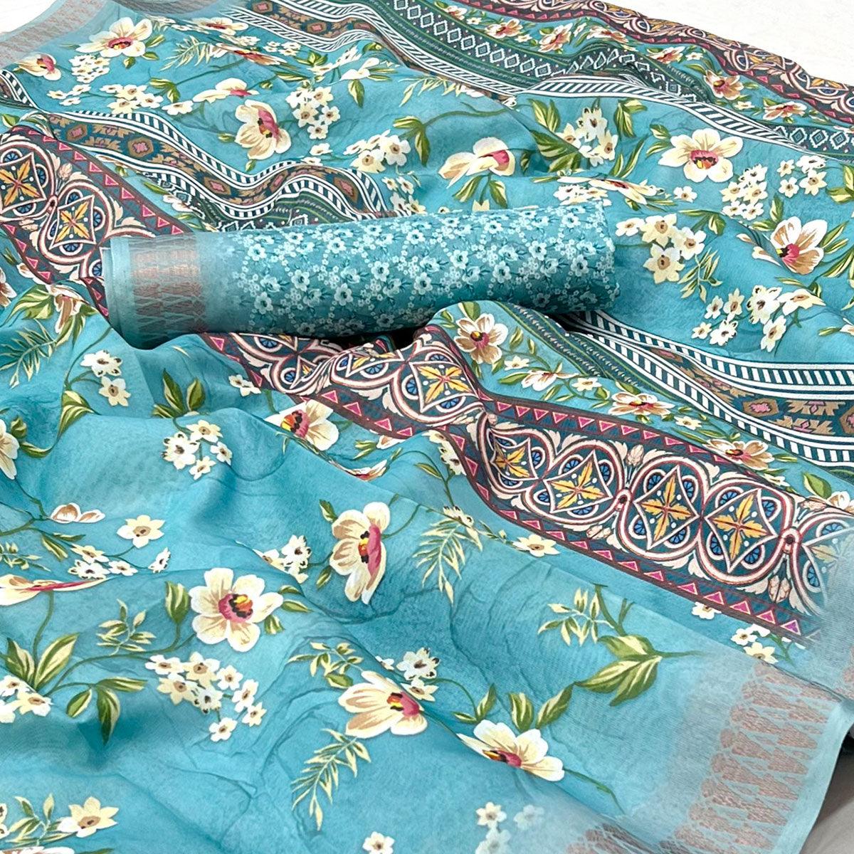 Rama Blue Digital Printed Cotton Silk Saree - Peachmode