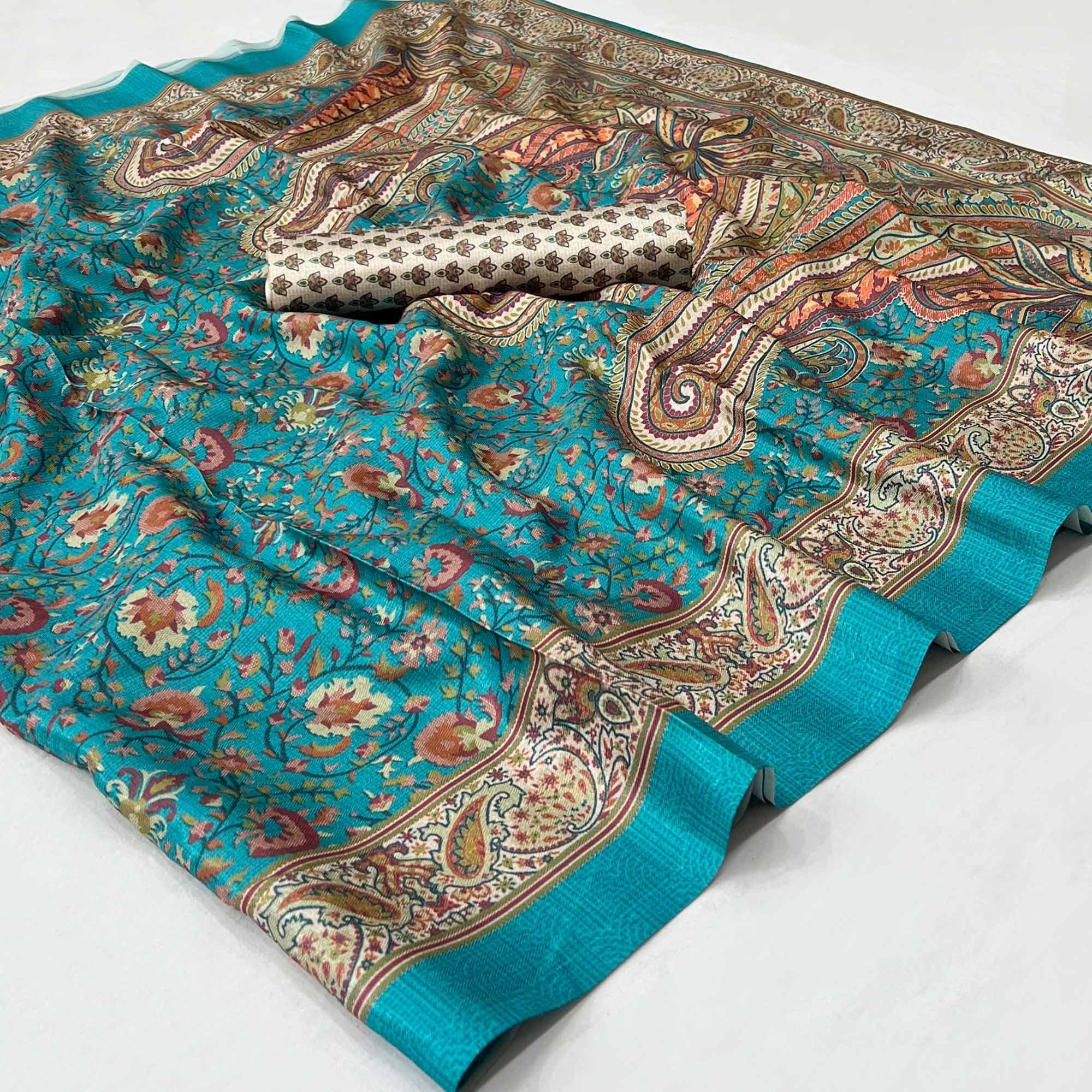 Rama Blue Digital Printed Pashmina Saree - Peachmode