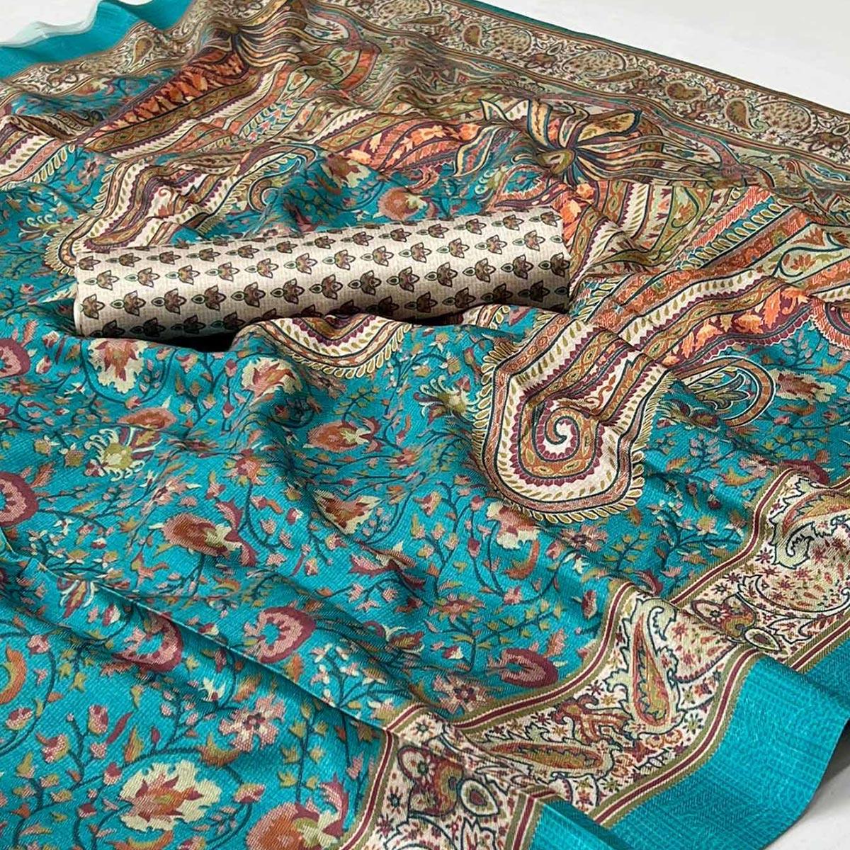 Rama Blue Digital Printed Pashmina Saree - Peachmode