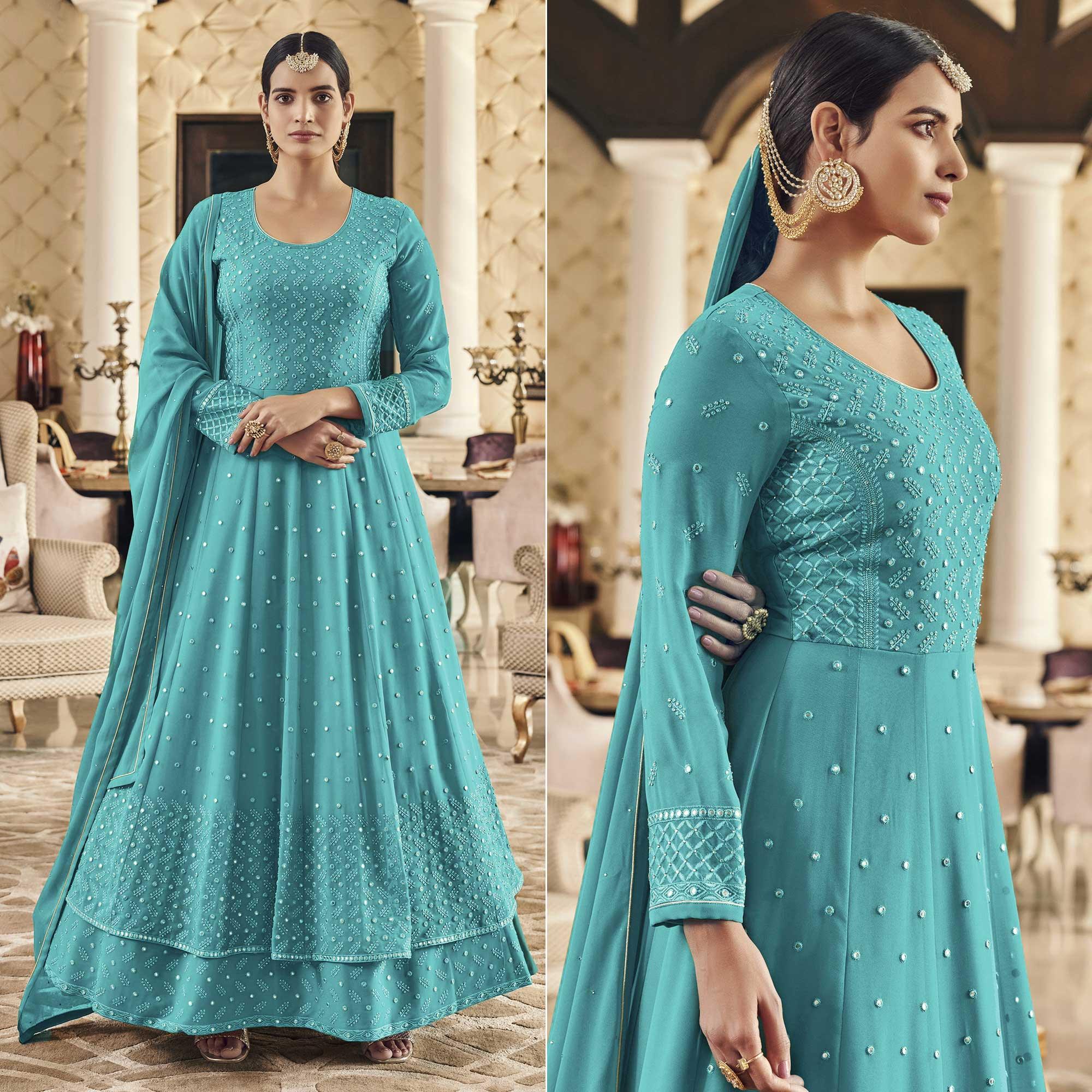 Rama Blue Embroidered Georgette Anarkali Suit - Peachmode