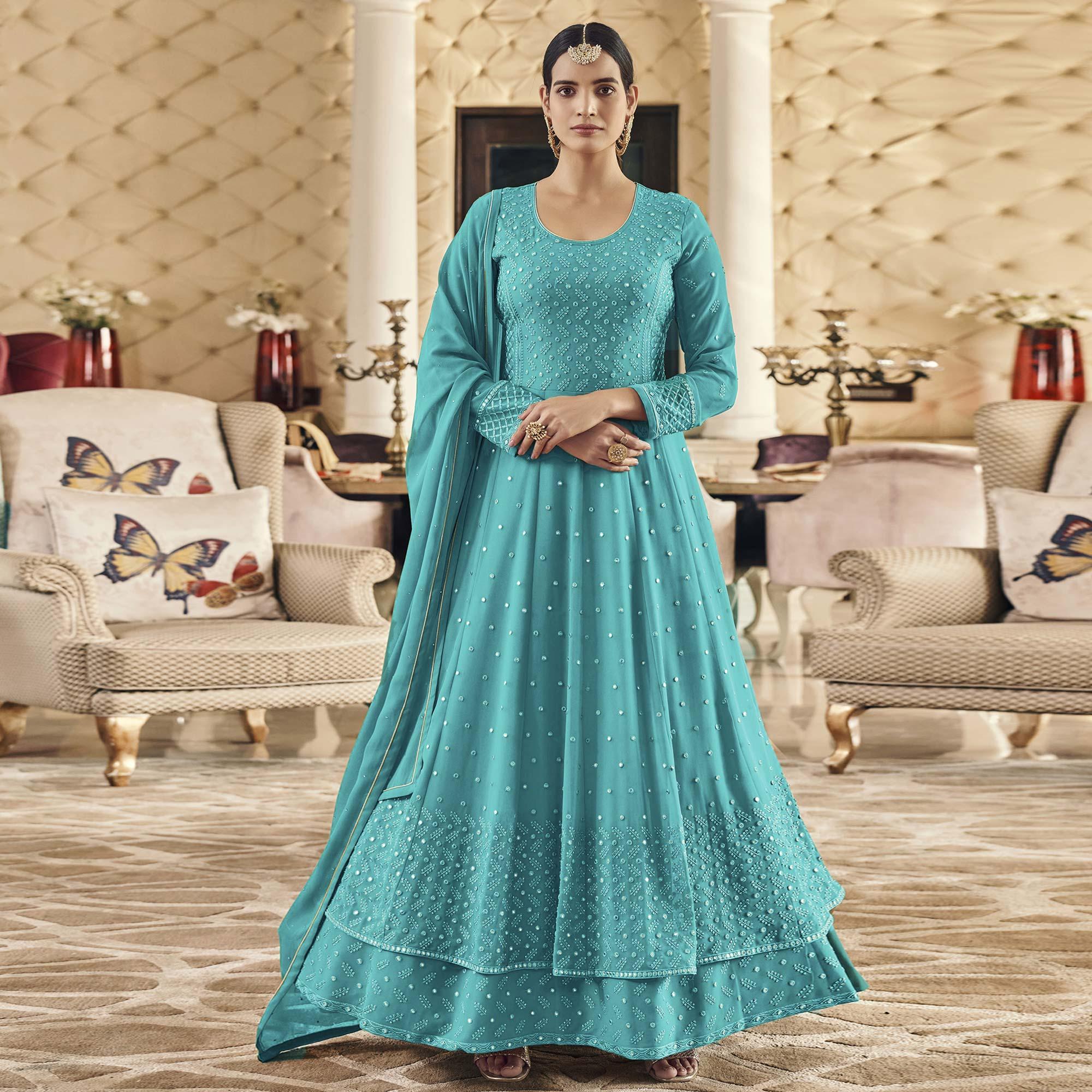 Rama Blue Embroidered Georgette Anarkali Suit - Peachmode