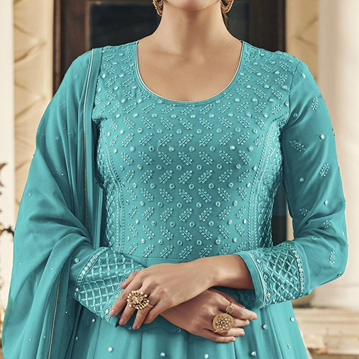 Rama Blue Embroidered Georgette Anarkali Suit - Peachmode