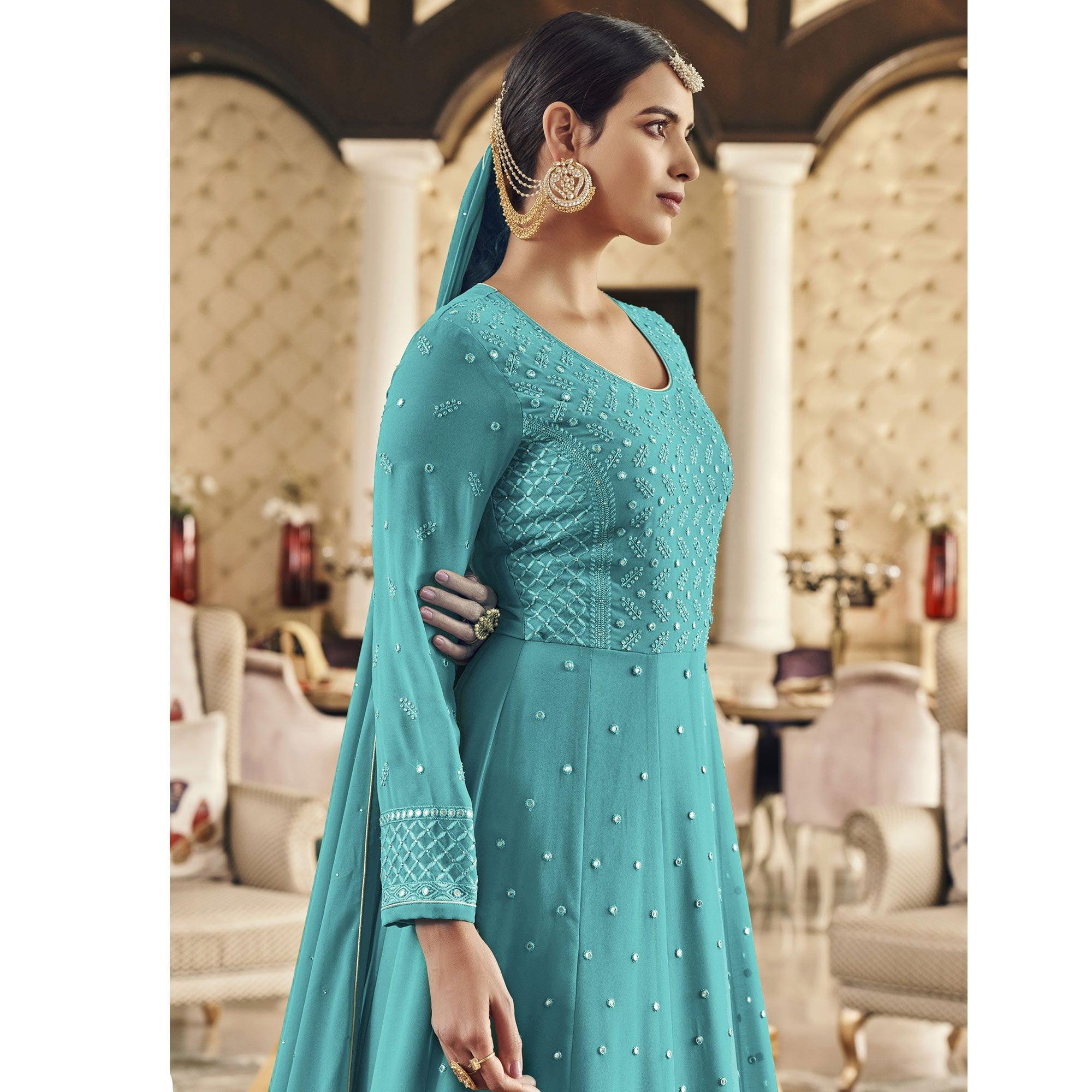 Rama Blue Embroidered Georgette Anarkali Suit - Peachmode