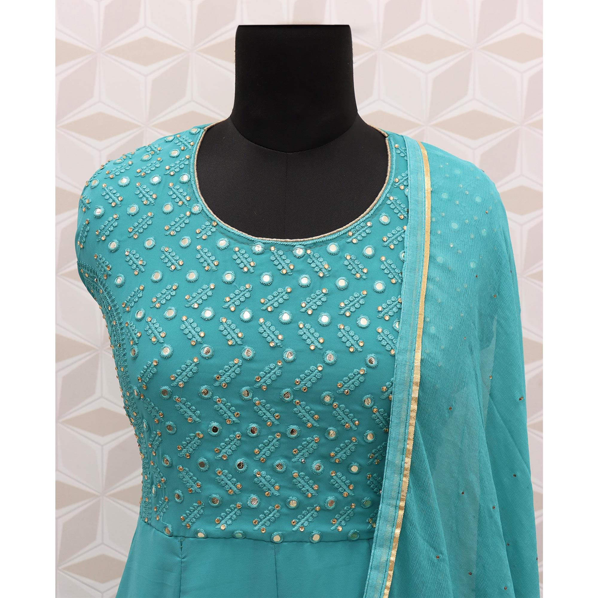 Rama Blue Embroidered Georgette Anarkali Suit - Peachmode