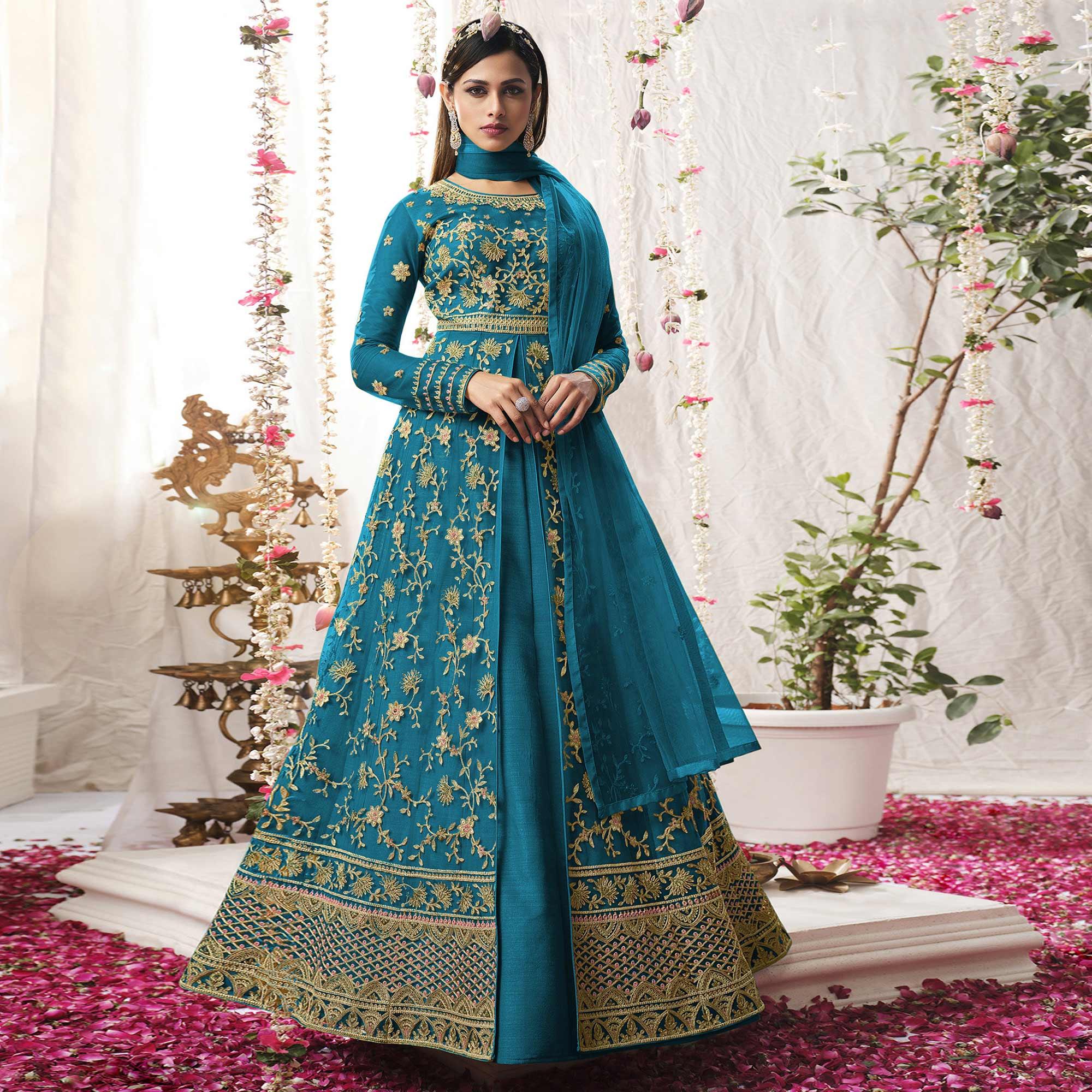 Rama Blue Embroidered Netted Anarkali Suit - Peachmode