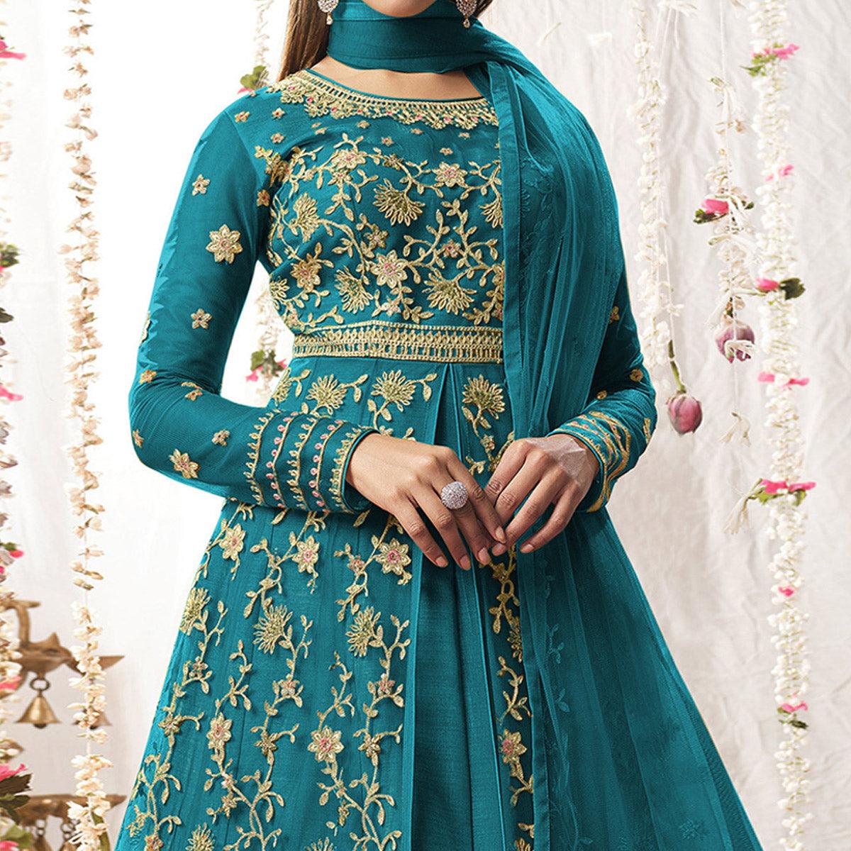 Rama Blue Embroidered Netted Anarkali Suit - Peachmode