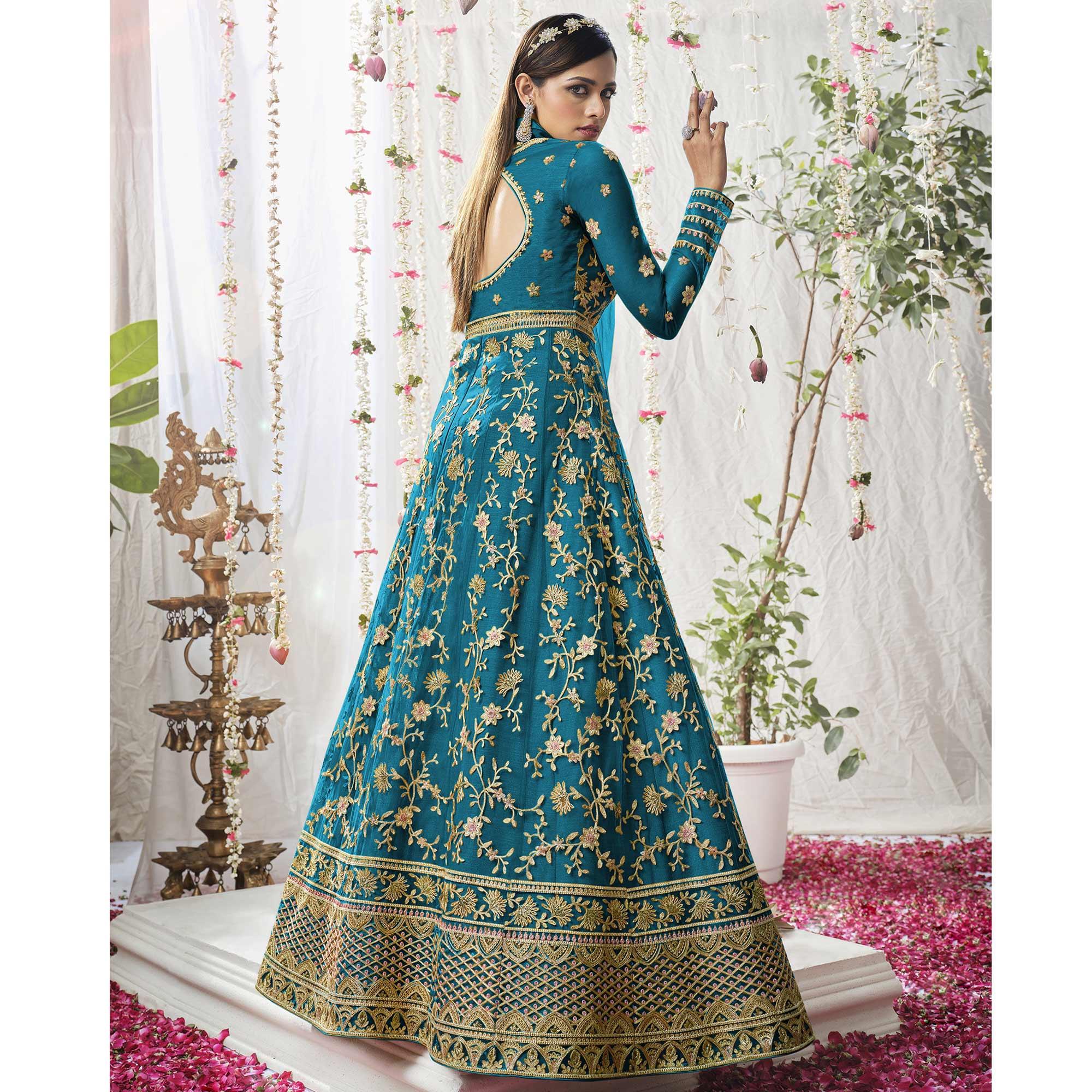 Rama Blue Embroidered Netted Anarkali Suit - Peachmode