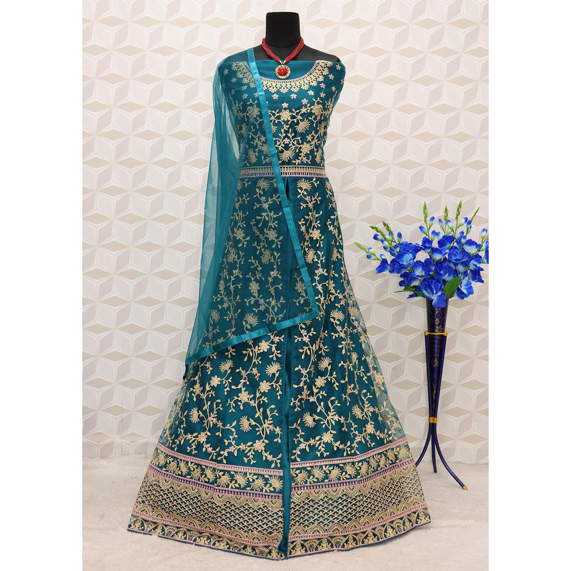 Rama Blue Embroidered Netted Anarkali Suit - Peachmode