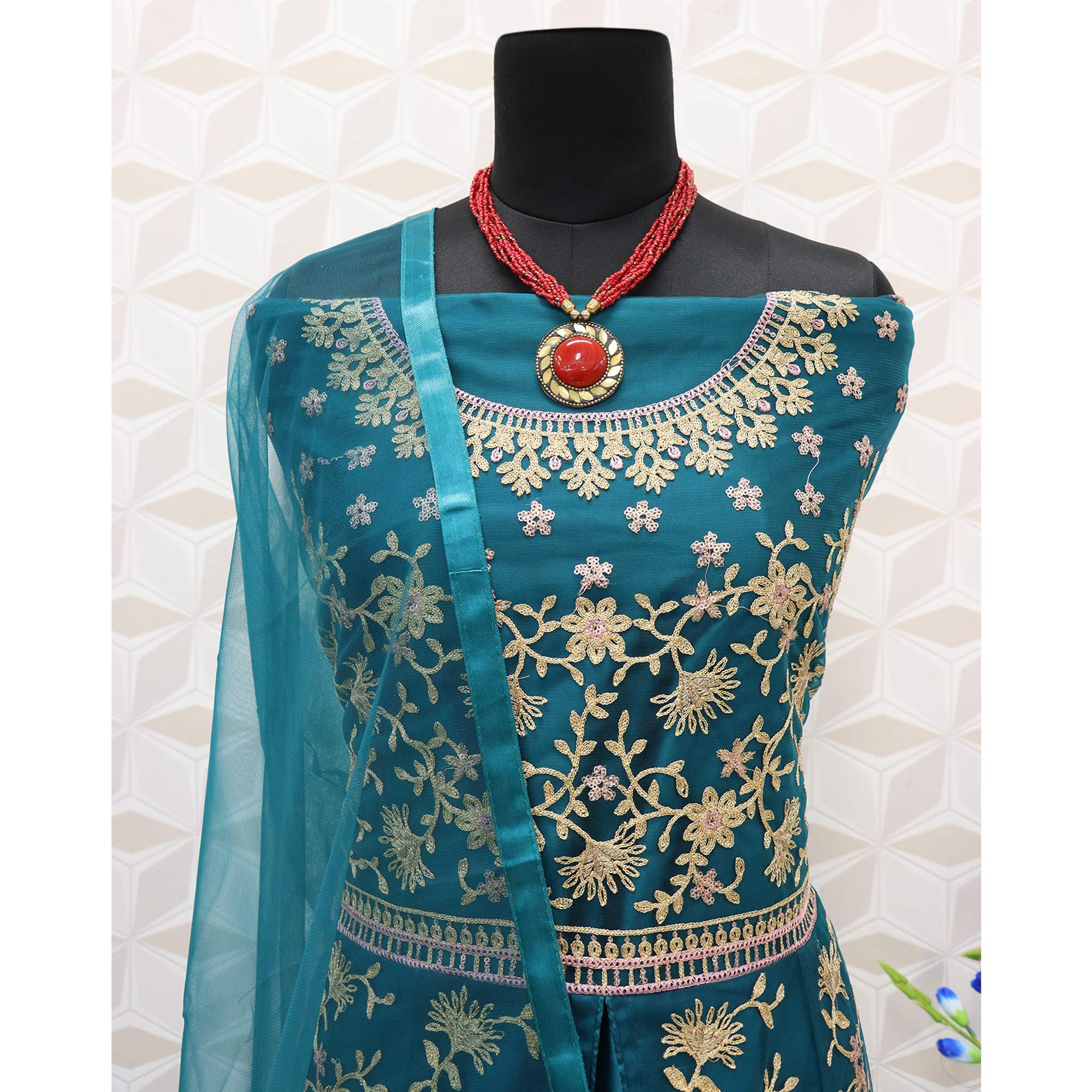 Rama Blue Embroidered Netted Anarkali Suit - Peachmode