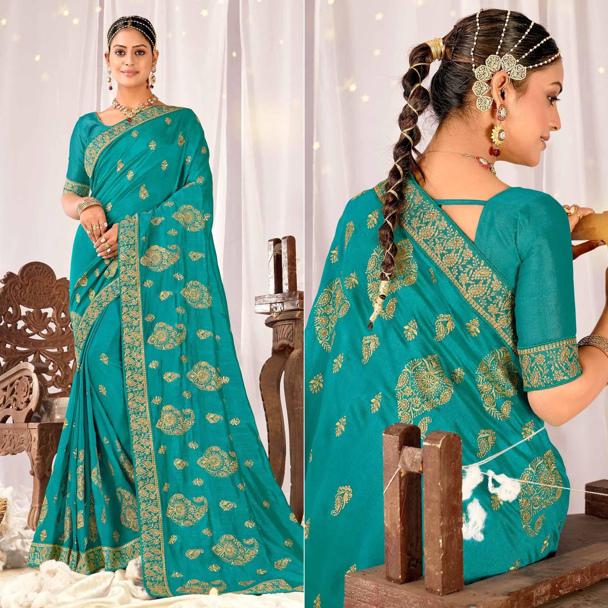 Rama Blue Embroidered Vichitra Silk Saree - Peachmode