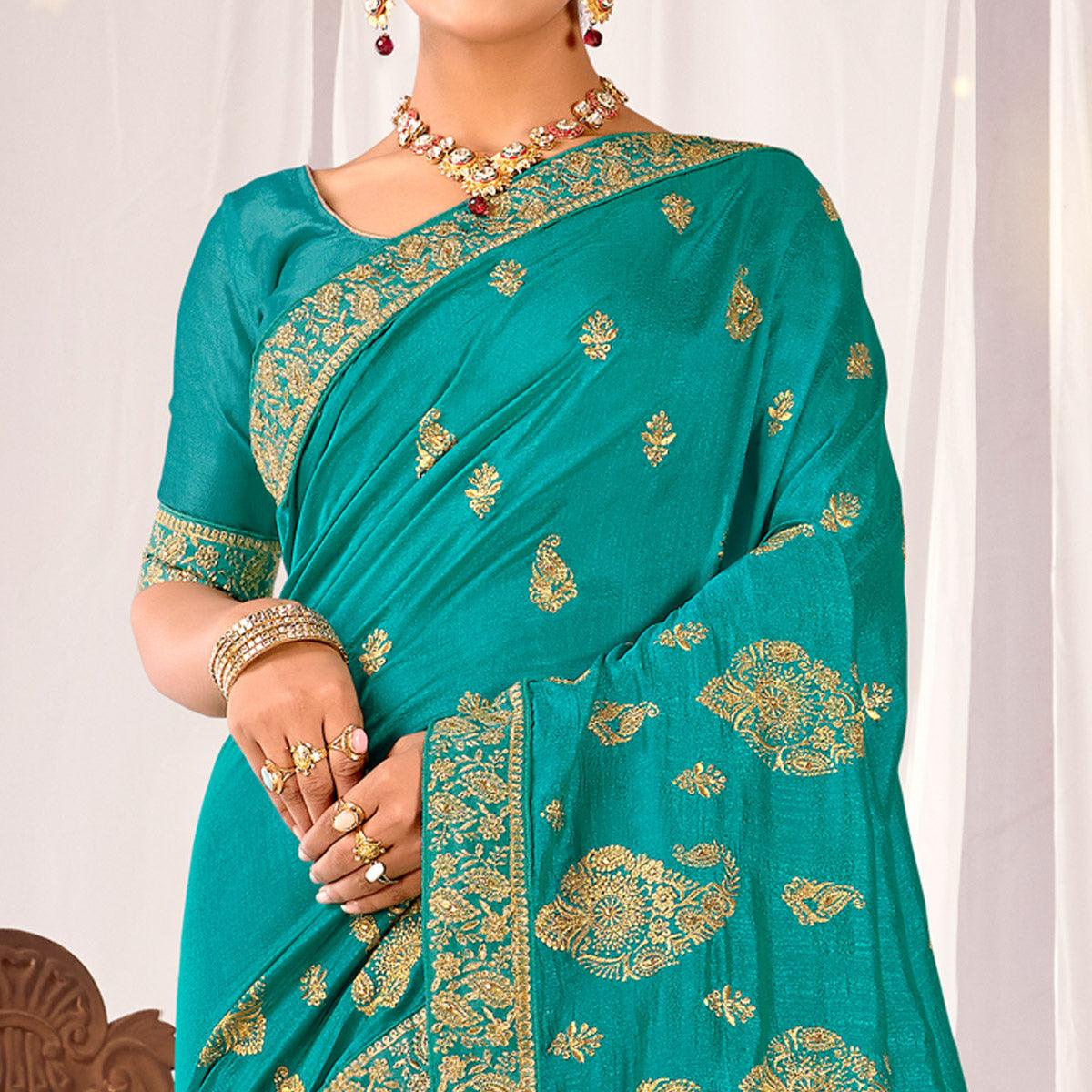 Rama Blue Embroidered Vichitra Silk Saree - Peachmode