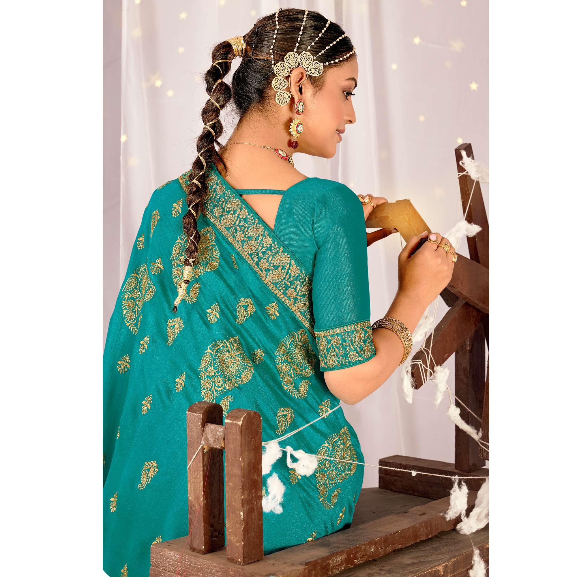 Rama Blue Embroidered Vichitra Silk Saree - Peachmode