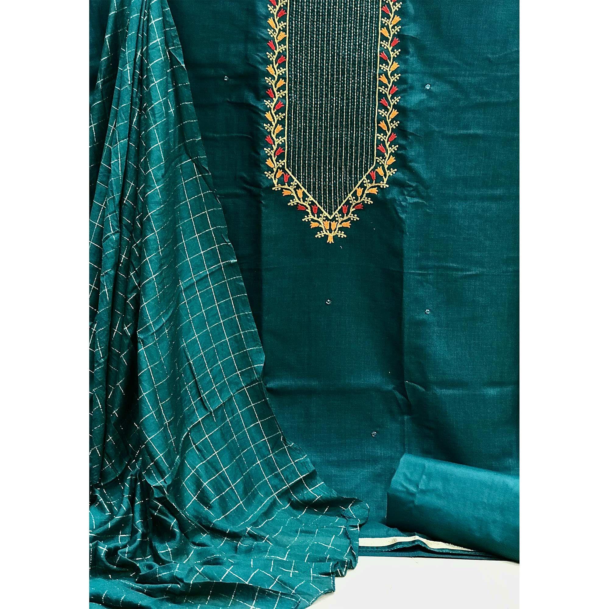Rama Blue Festive Wear Embroidered Cotton Dress Material - Peachmode