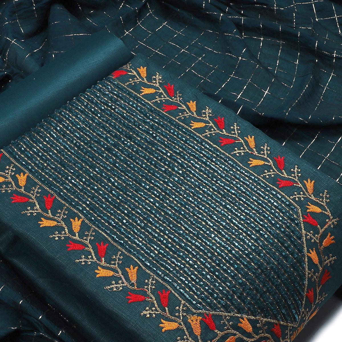 Rama Blue Festive Wear Embroidered Cotton Dress Material - Peachmode