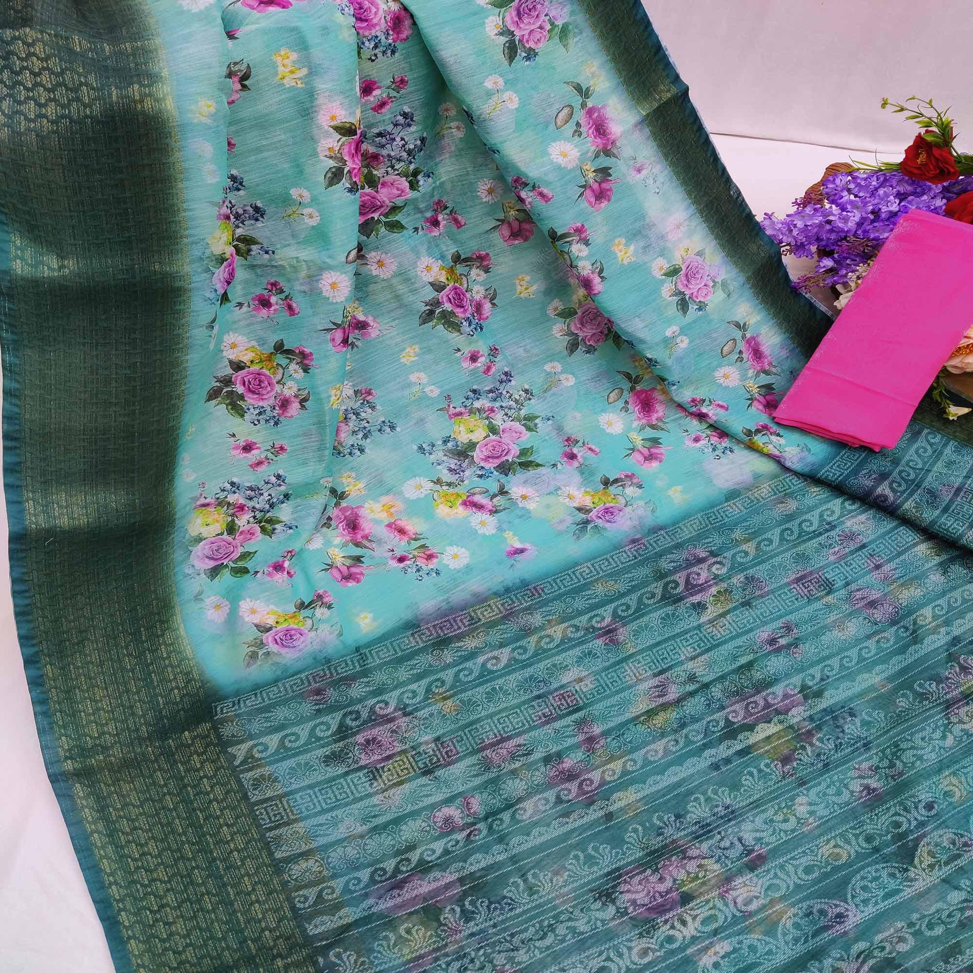 Rama-Blue Festive Wear Floral Digital Printed With Woven Zari Border Cotton Saree - Peachmode