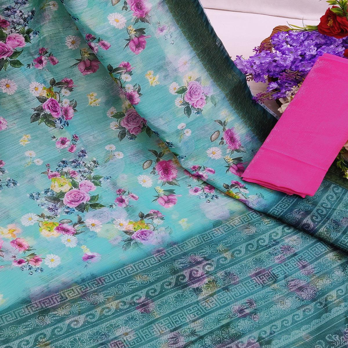 Rama-Blue Festive Wear Floral Digital Printed With Woven Zari Border Cotton Saree - Peachmode